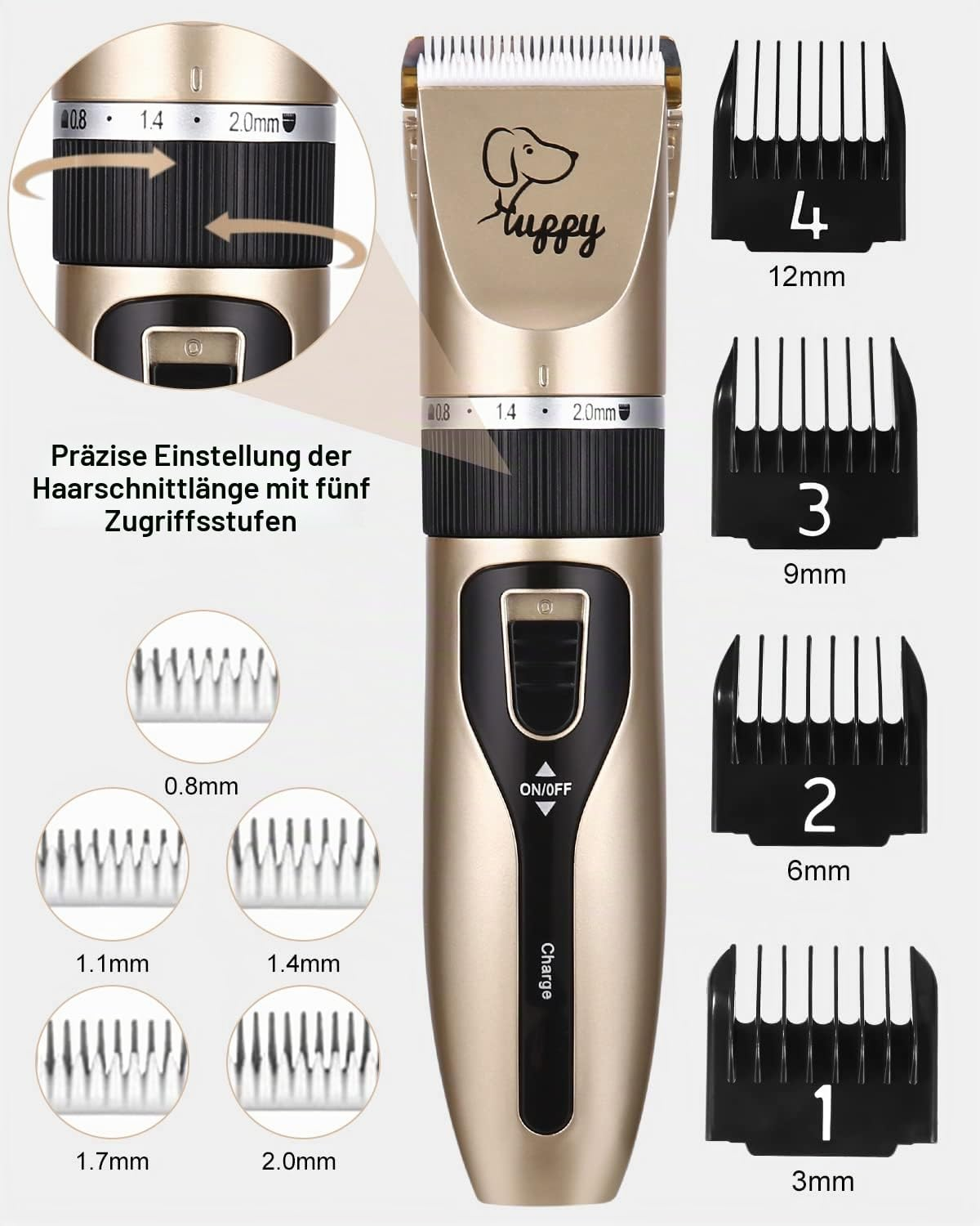 Goldener Haarschneider für Haustiere mit Längeneinstellring, Ein/Aus-Schalter und vier Aufsätzen von 3mm bis 12mm.