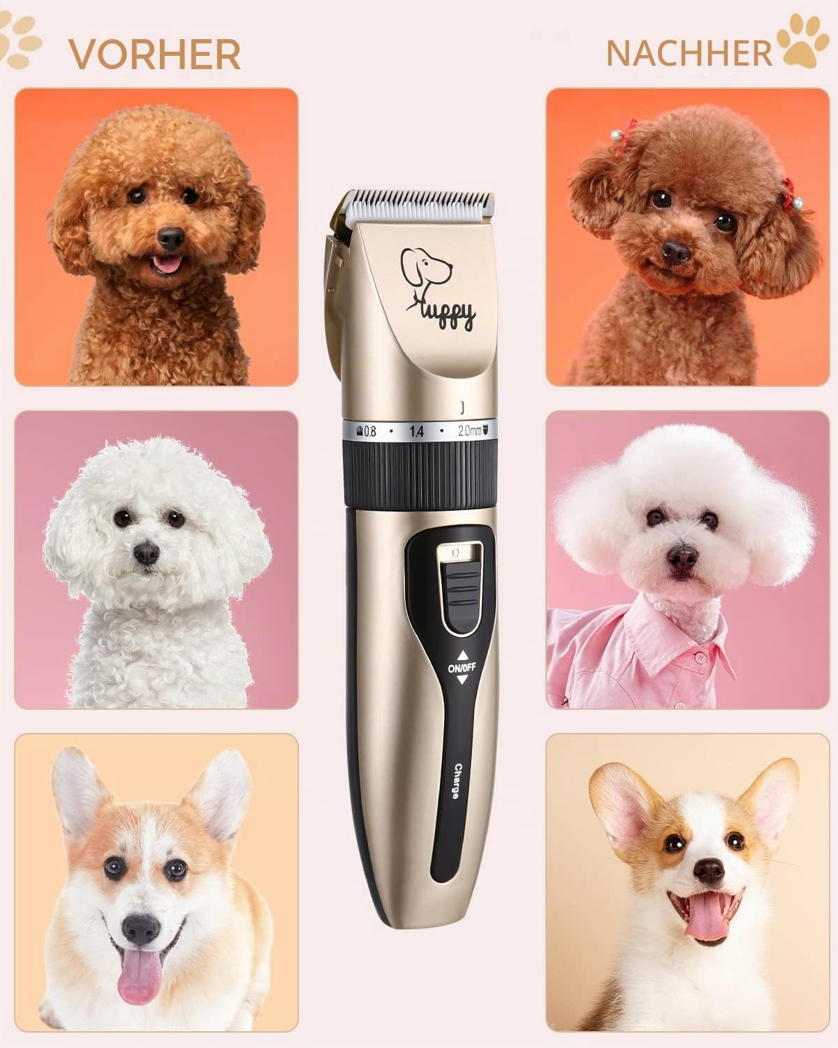 Goldener Tureppy Haarschneider zentral platziert, umgeben von Vorher-Nachher-Fotos verschiedener Hunde.
