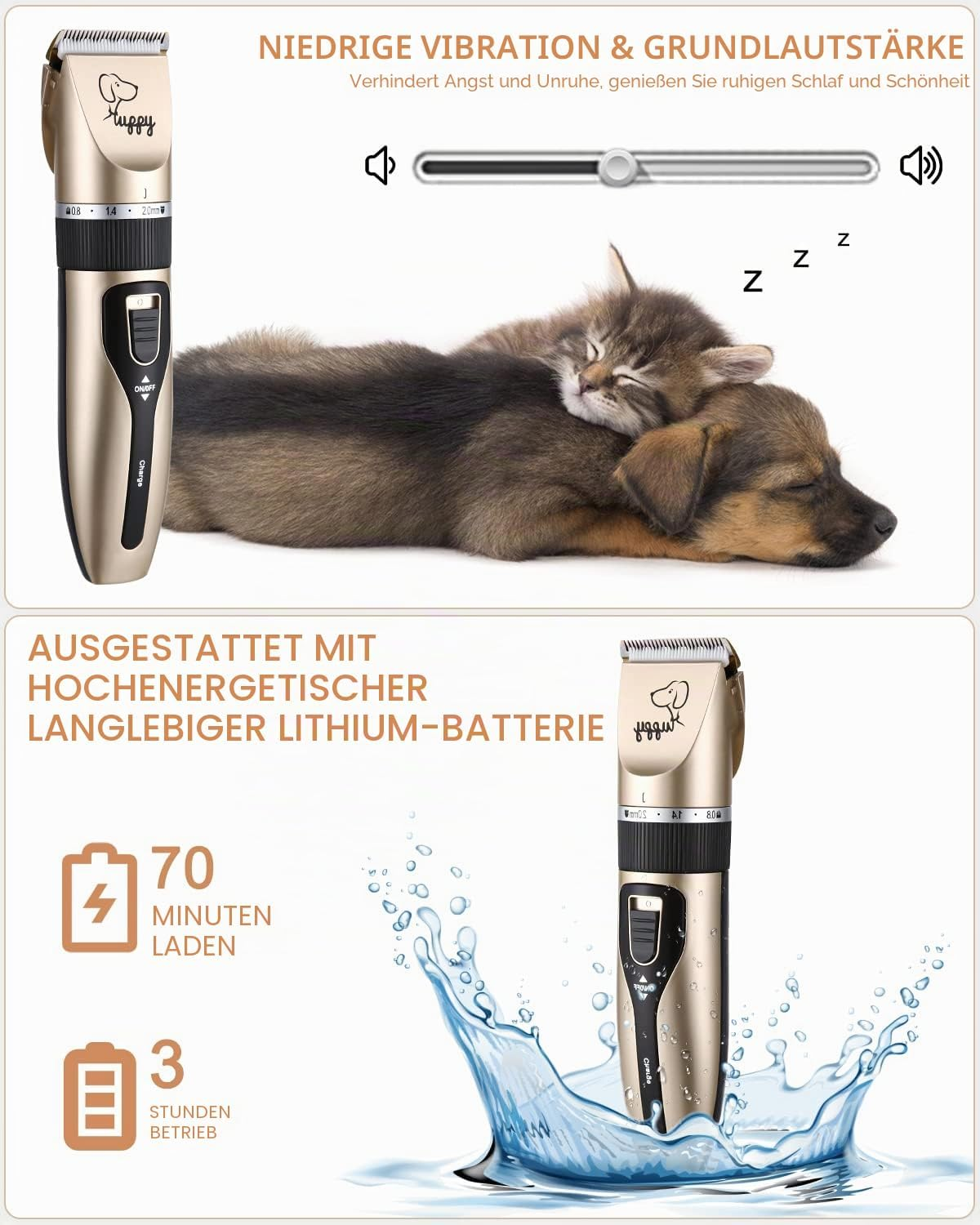 Goldene Haarschneidemaschine mit schlafenden Haustieren und Wasserspritzern.