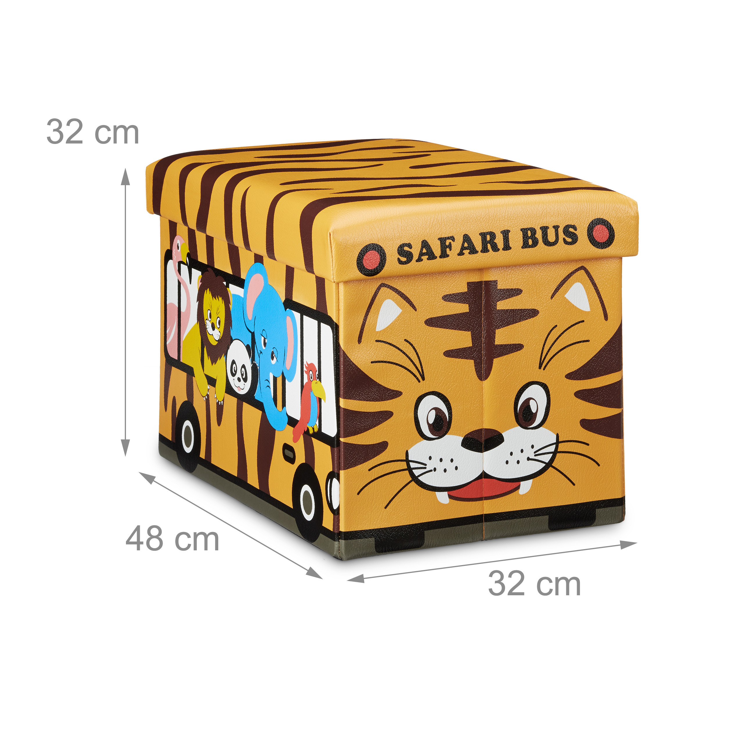 Gelber Aufbewahrungshocker mit Tiermotiven und Safari-Bus-Design.