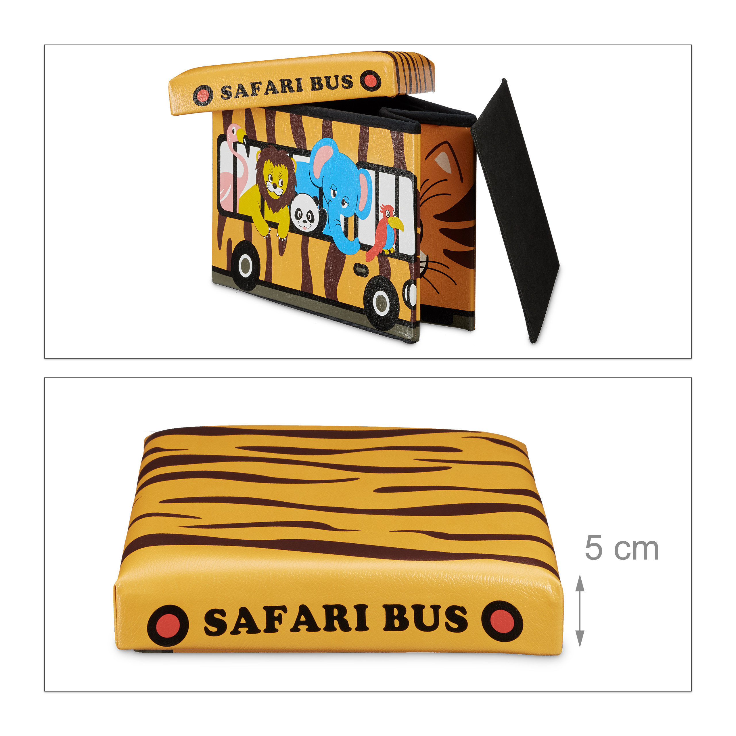 Gelbe Safari-Bus-Sitzbox mit Tiermotiven, offen und als Kissen.