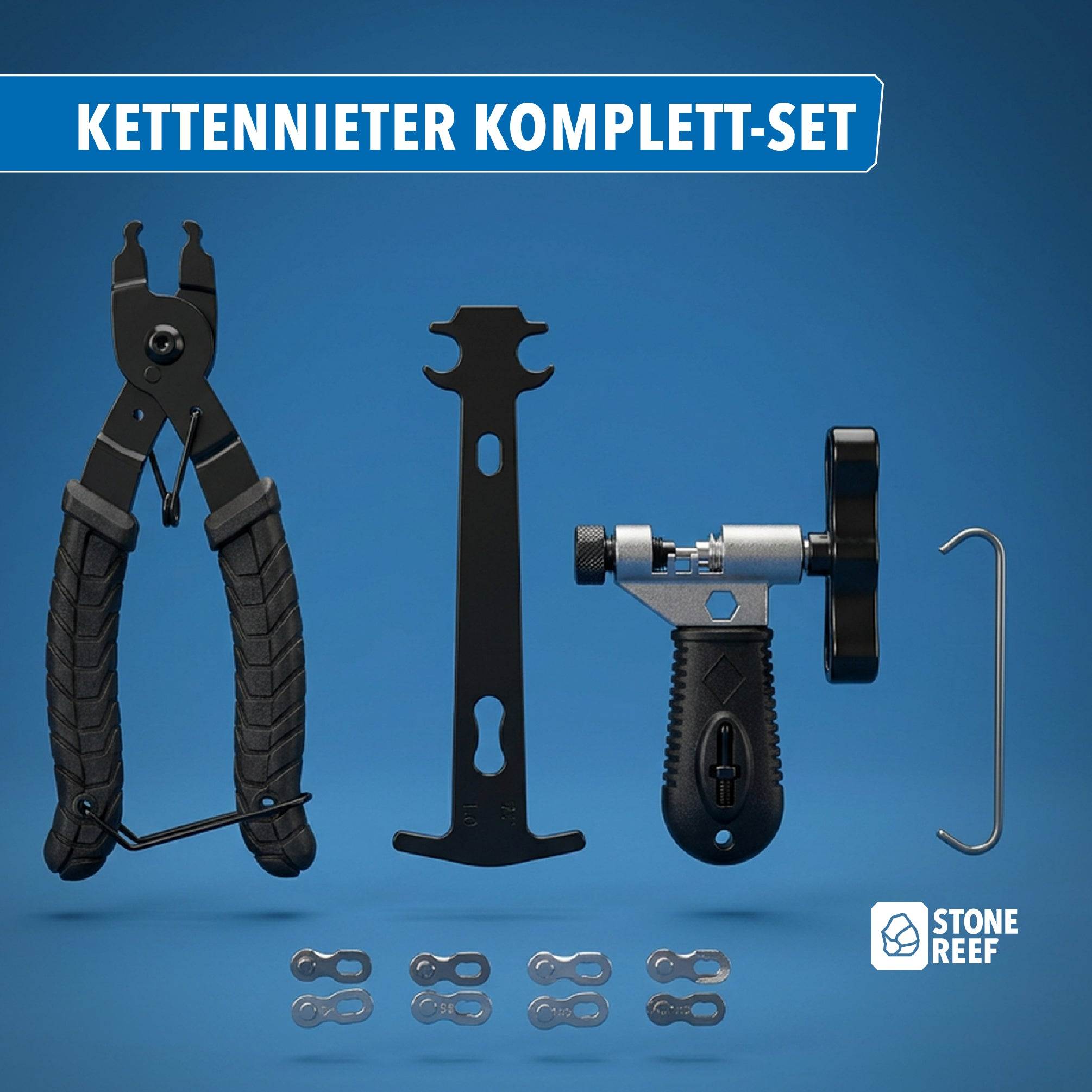 Ein Kettennieter-Komplett-Set mit Werkzeugen und Kettengliedern auf blauem Hintergrund.