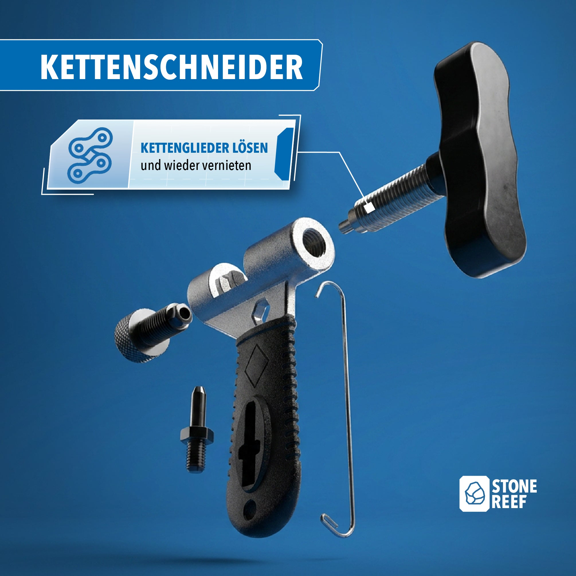 Ein Kettenschneider mit zerlegten Teilen auf blauem Hintergrund und Texten auf Deutsch.