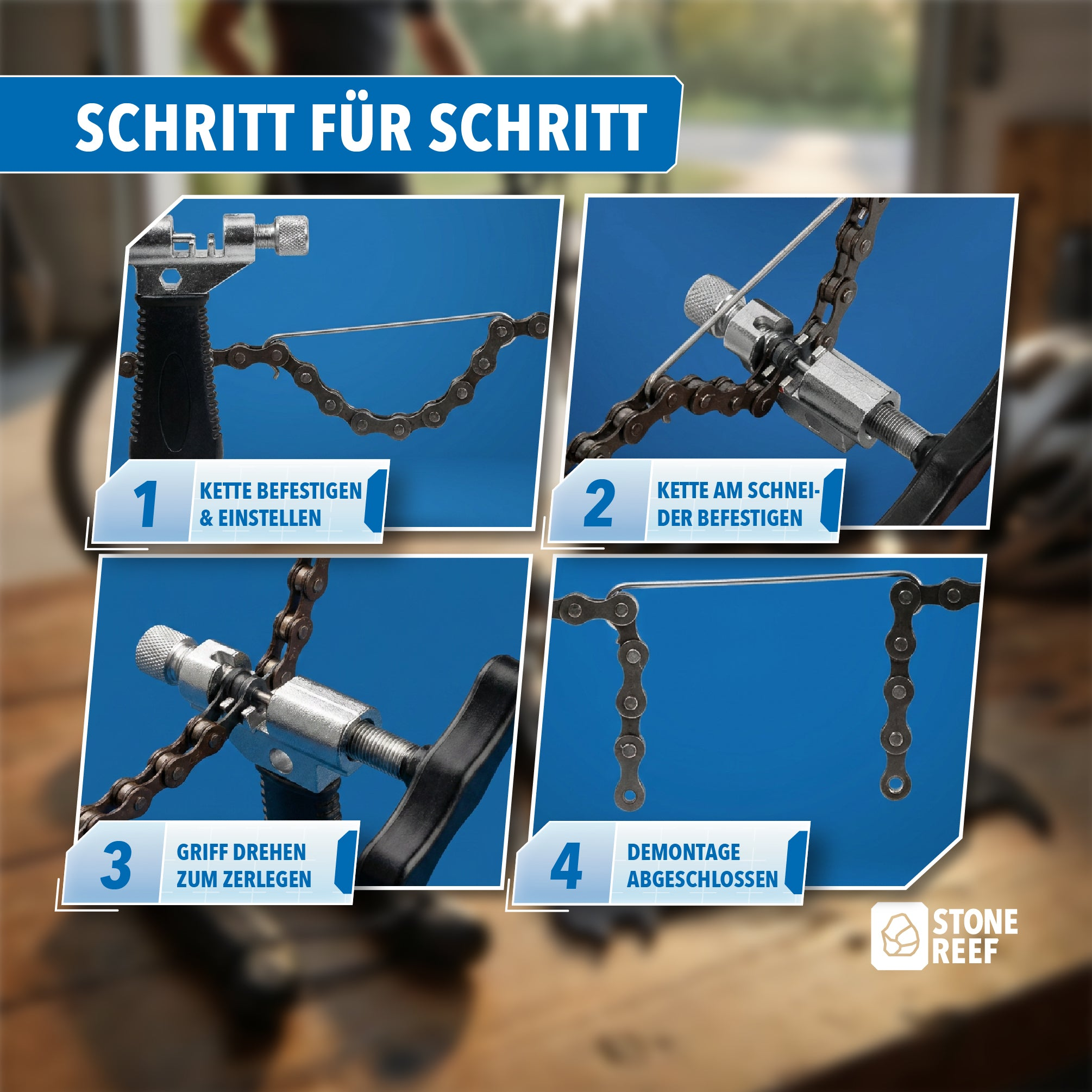 Schritt-für-Schritt-Anleitung zur Demontage einer Fahrradkette mit einem Kettennietdrücker.