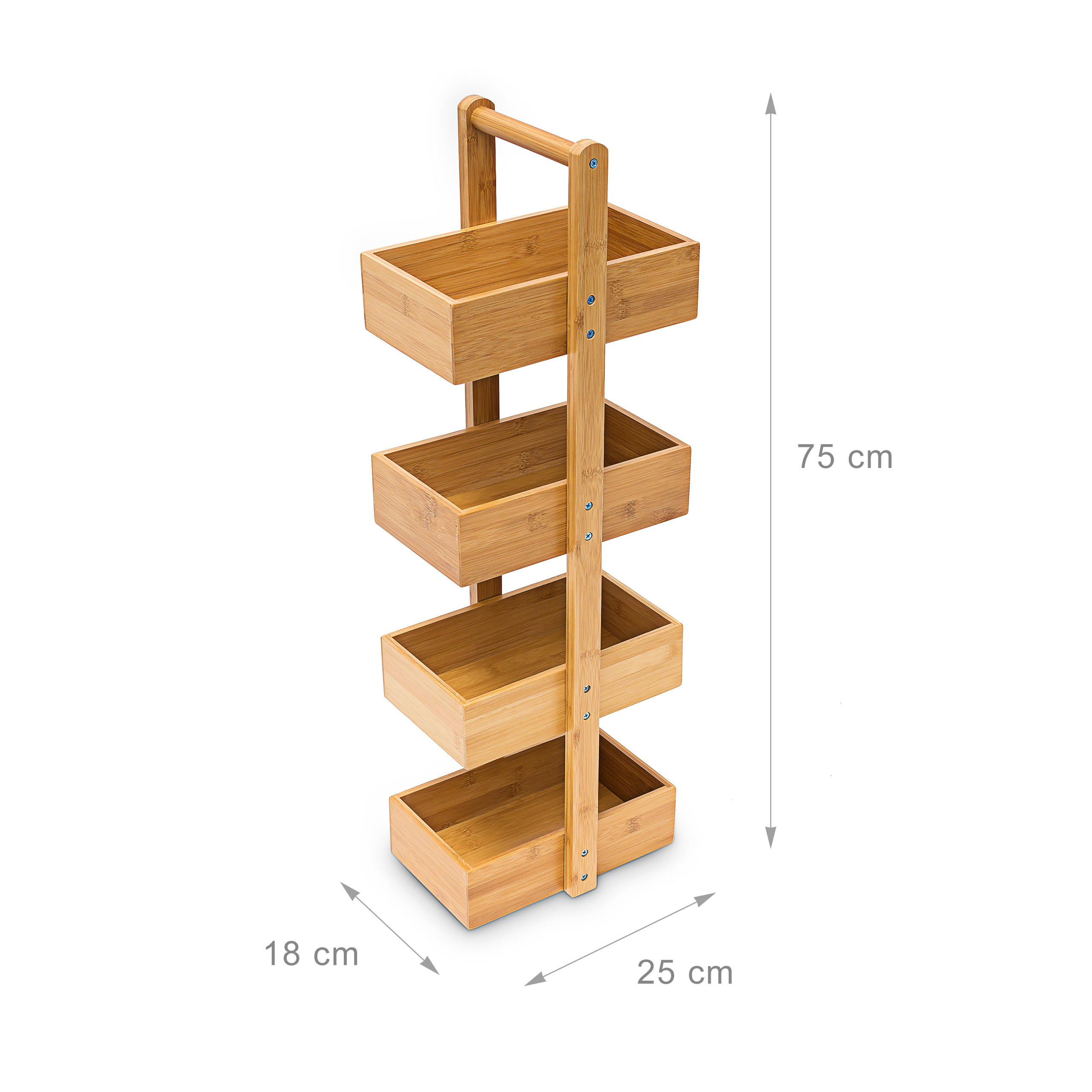 Ein vierstufiges Bambus-Regal mit Tragegriff und Maßen: 75 cm Höhe, 25 cm Breite, 18 cm Tiefe.
