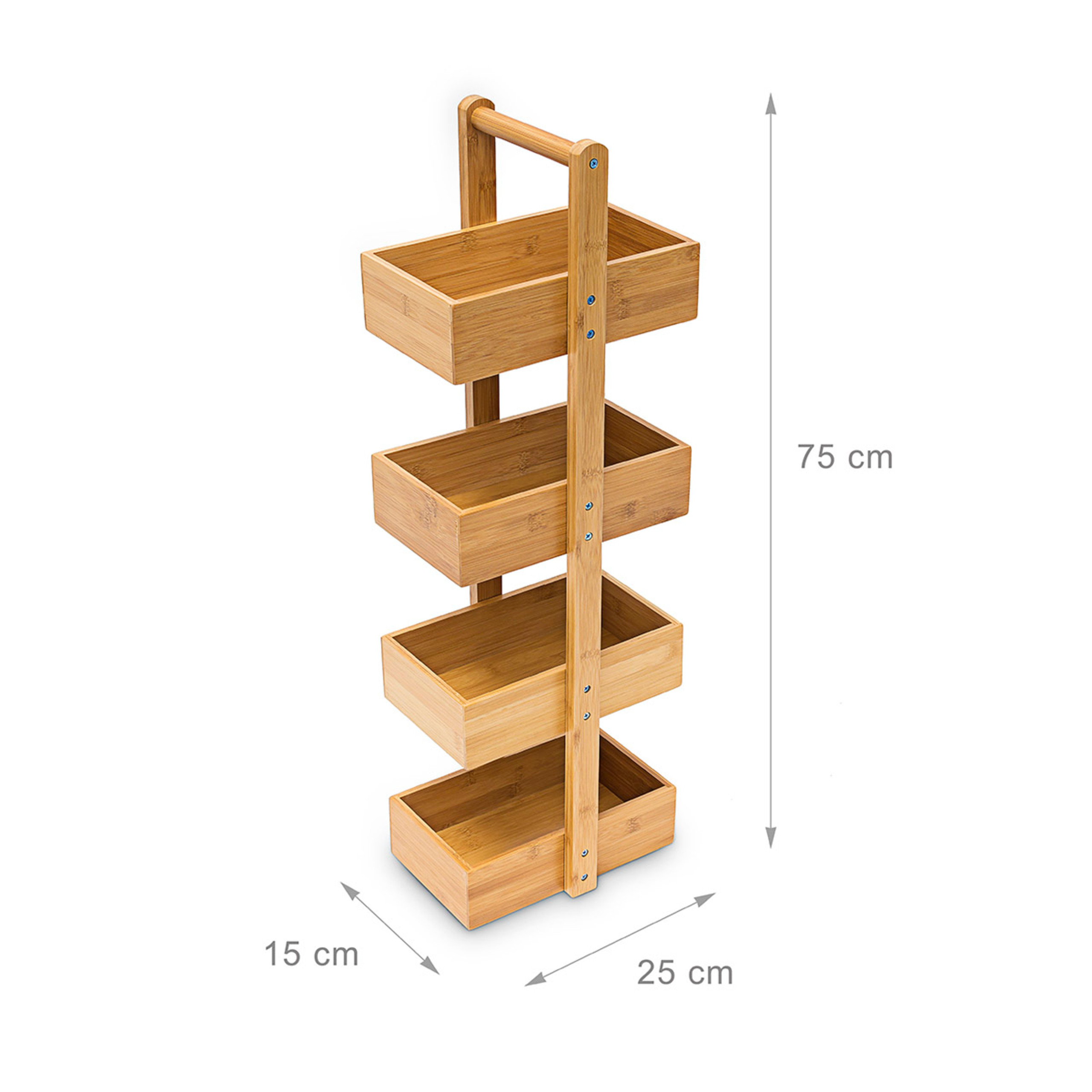 Ein vierstöckiges Bambus-Regal mit Tragegriff, 75 cm hoch, 25 cm breit und 15 cm tief.