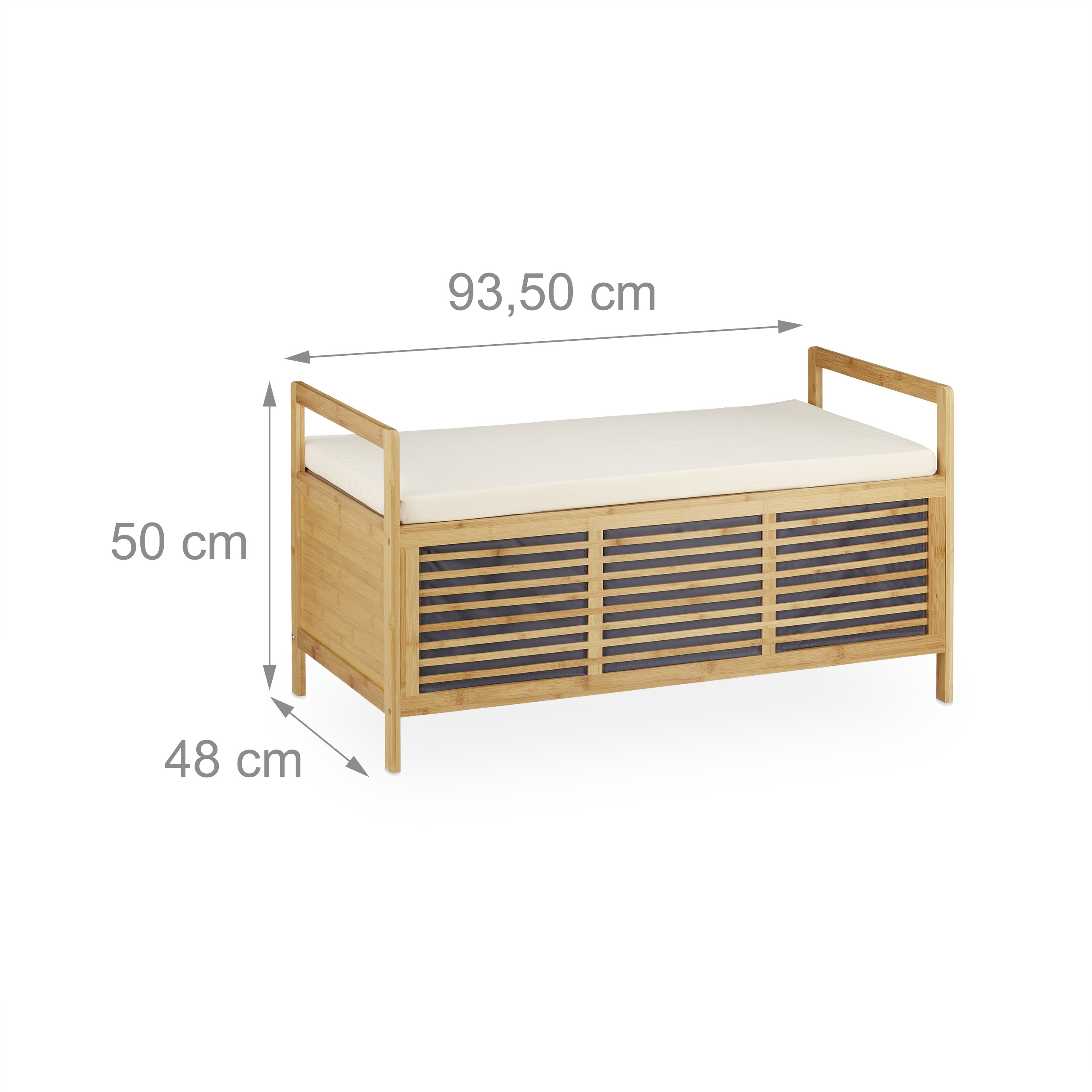 Bambus-Sitzbank mit Stauraum, Maße: 93,5x50x48 cm, hellem Kissen und dunklen Stofffächern.