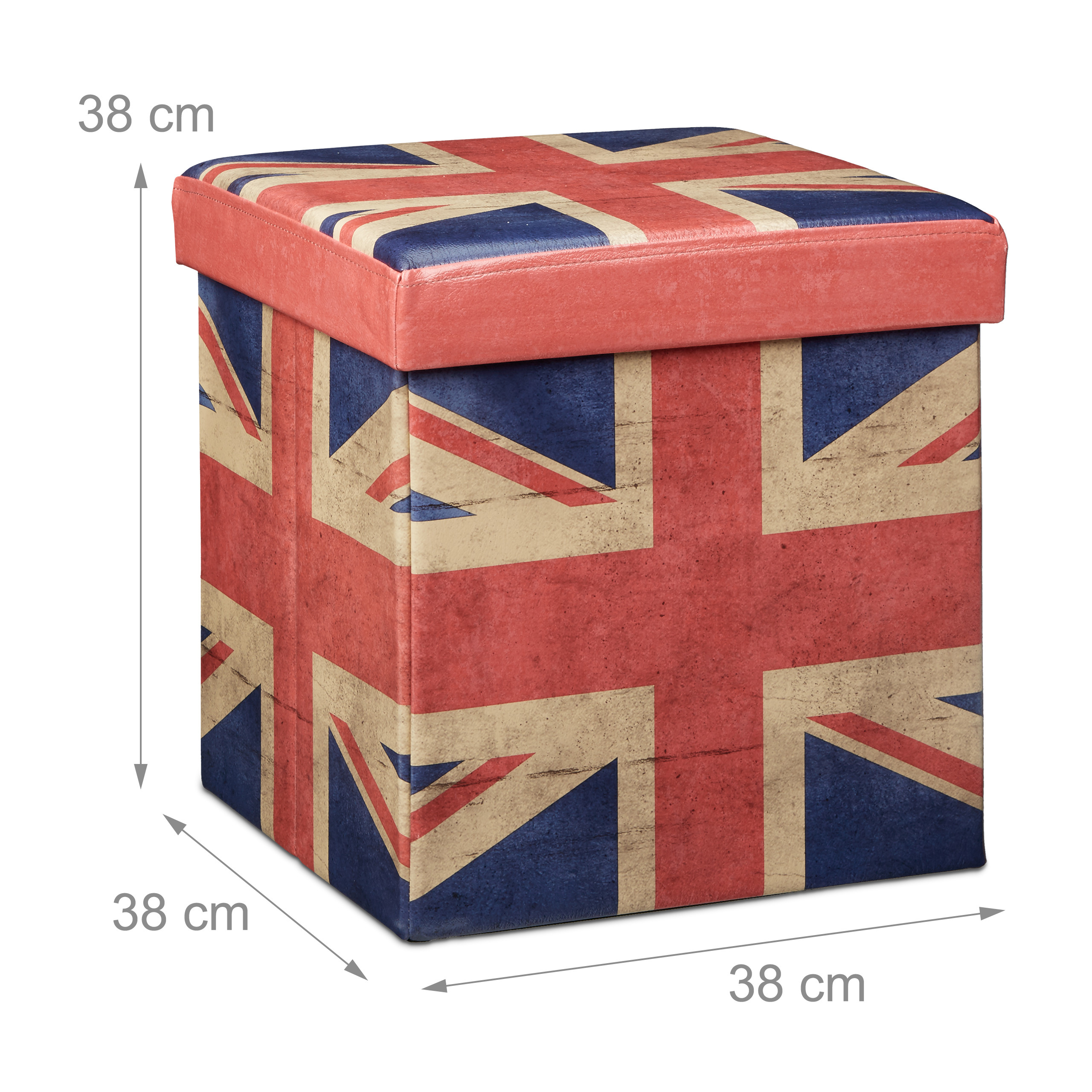 Quadratische Sitzbank mit britischer Flagge und Aufbewahrungsfach, Maße 38x38x38 cm.