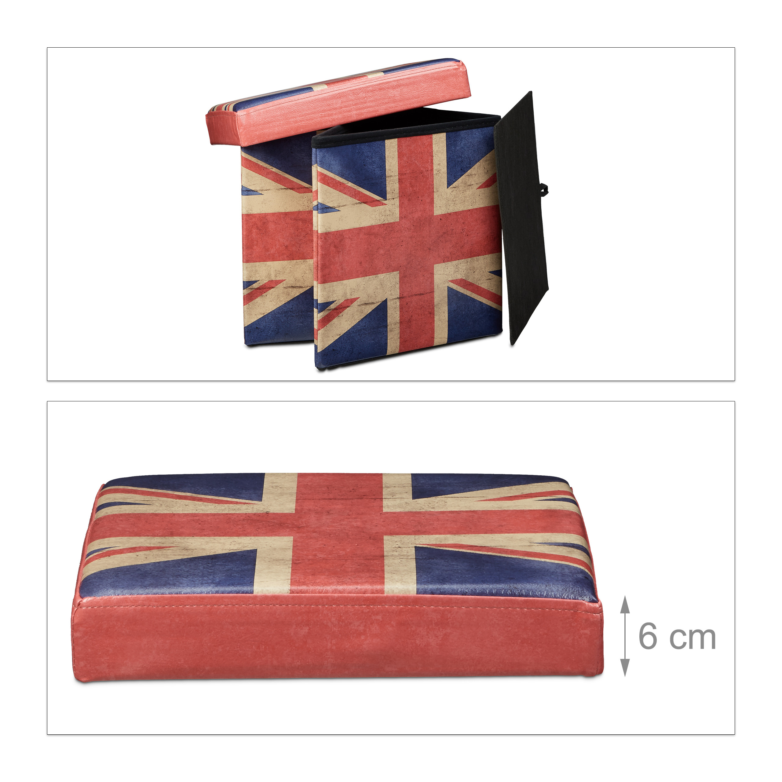 Aufbewahrungsbox mit Union-Jack-Design, oben offen und unten zusammengefaltet mit 6 cm Maß.
