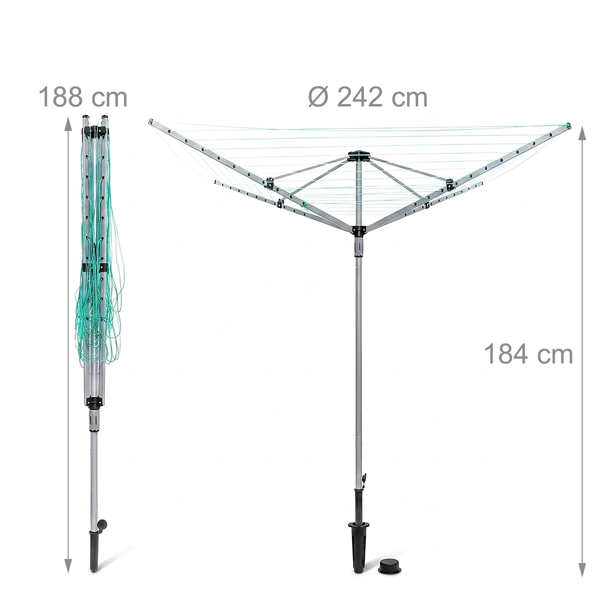 Wäschespinne mit Maßen: zusammengeklappt 188 cm, geöffnet 242 cm Durchmesser und 184 cm Höhe.