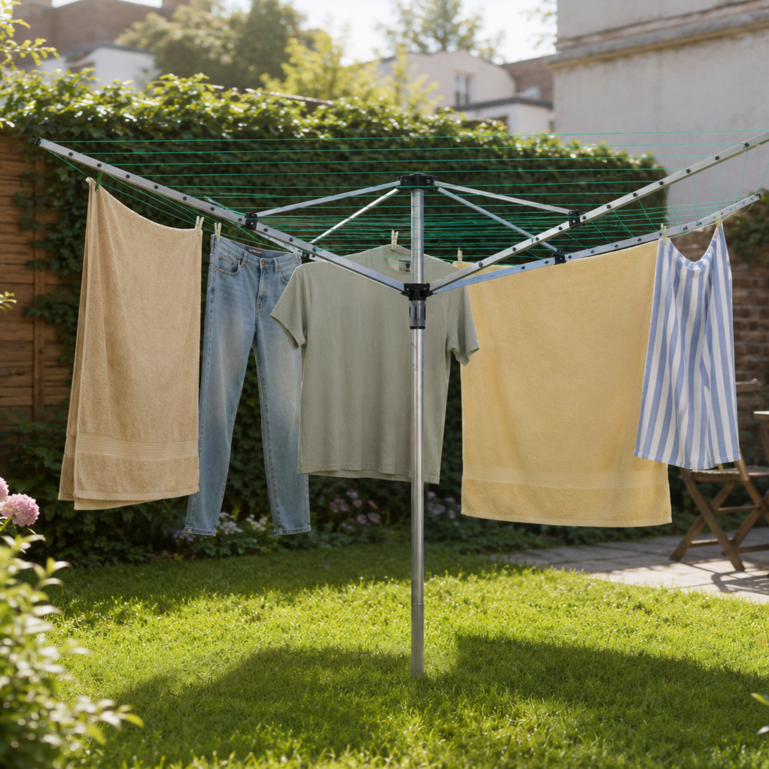 Wäschespinne auf grünem Rasen im Garten mit Handtüchern, Jeans und T-Shirt.