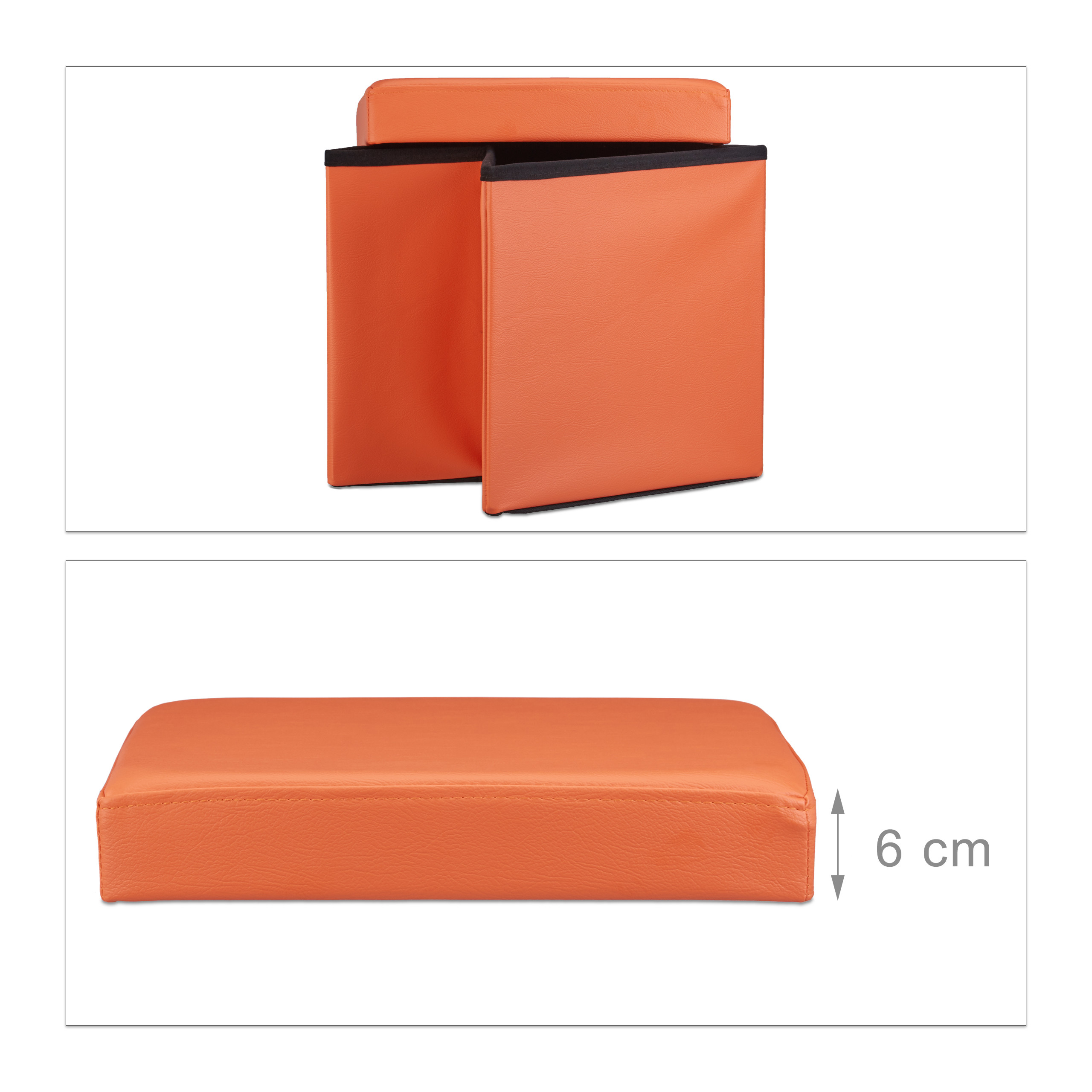Ein orangefarbener, klappbarer Hocker mit gepolstertem Deckel und Maẞangabe von 6 cm Dicke.
