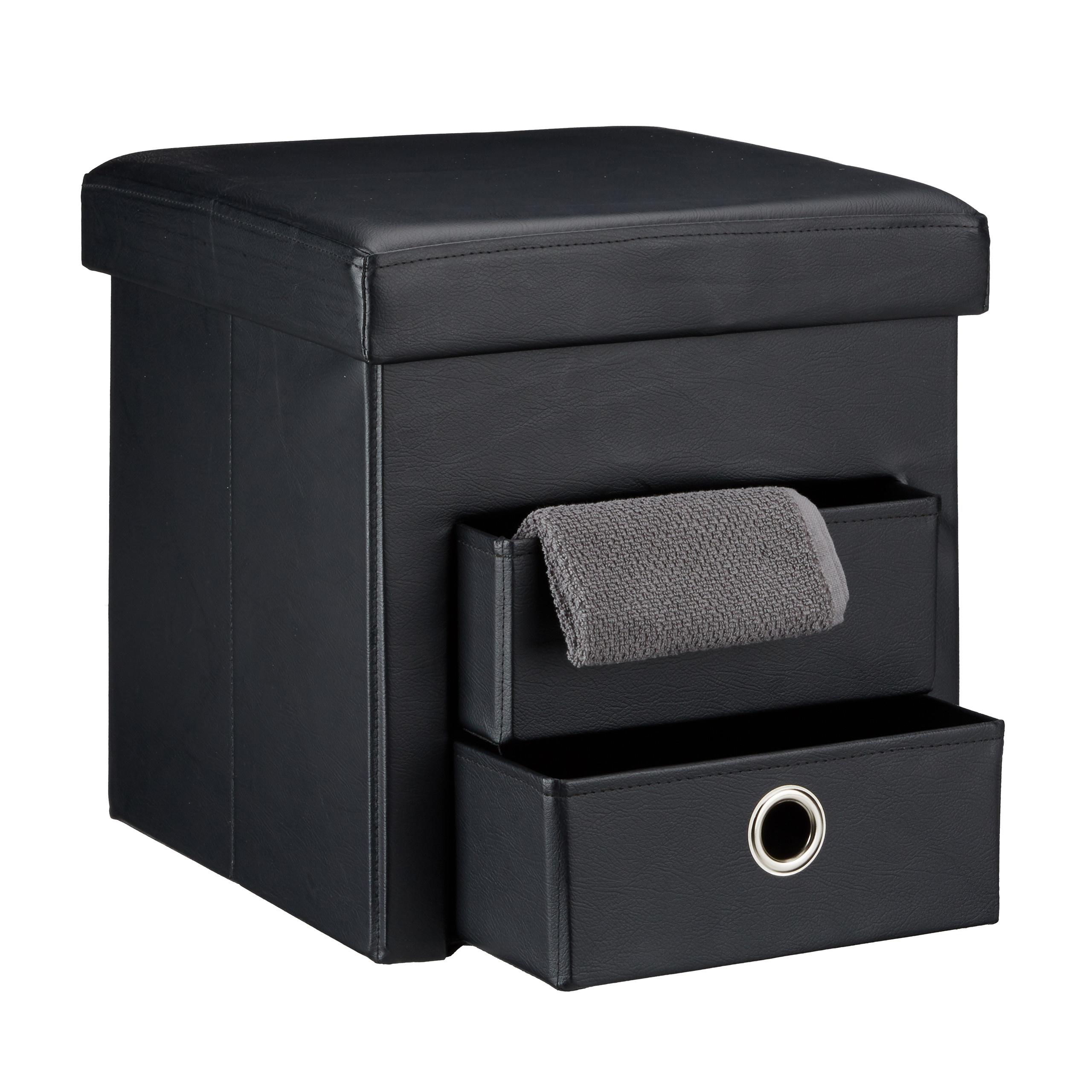 Schwarzer Hocker aus Lederimitat mit Staufach, zwei Schubladen, eine enthält ein graues Handtuch.