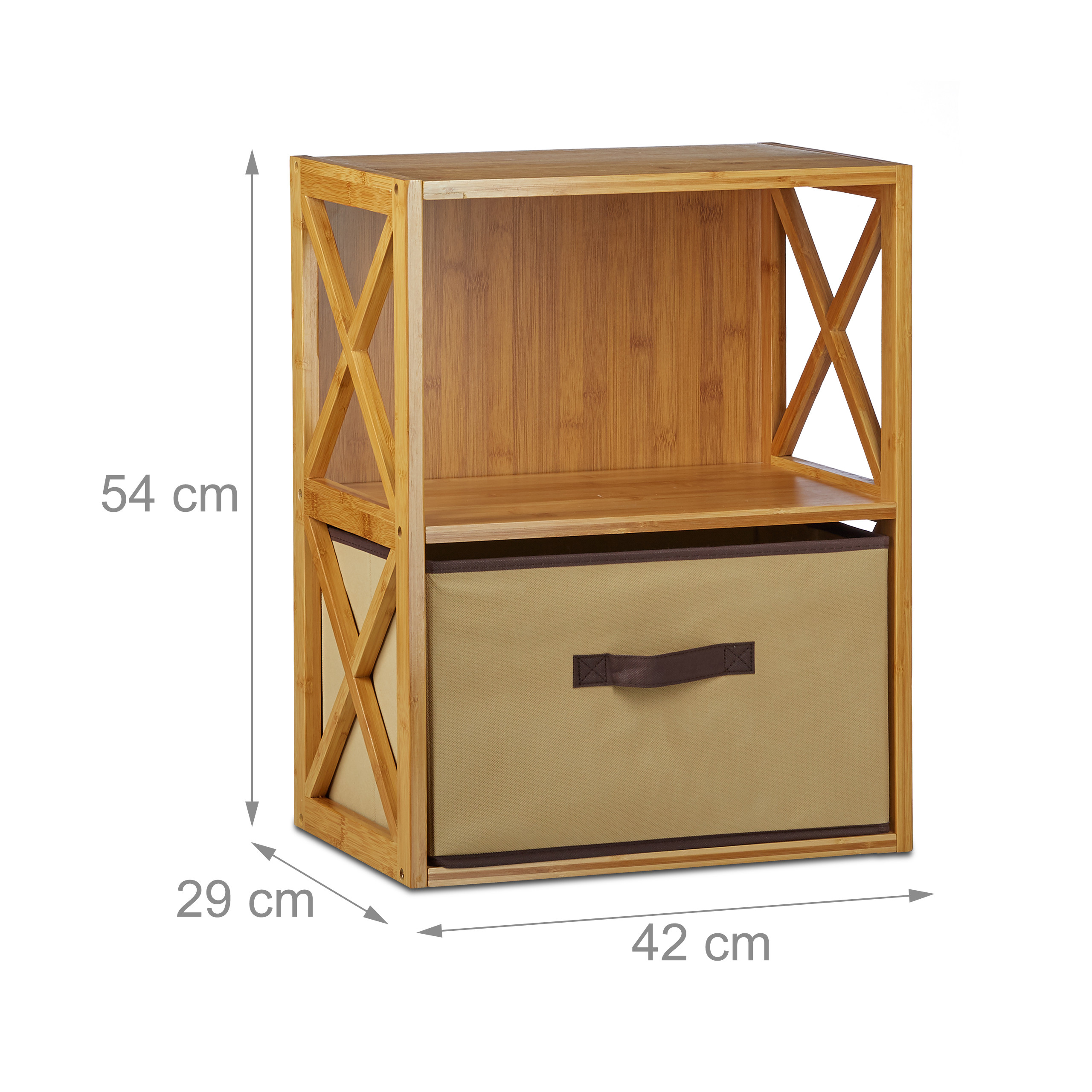 Bambusregal mit Abmessungen von 54x42x29 cm und einer braunen Stoffschublade unten.