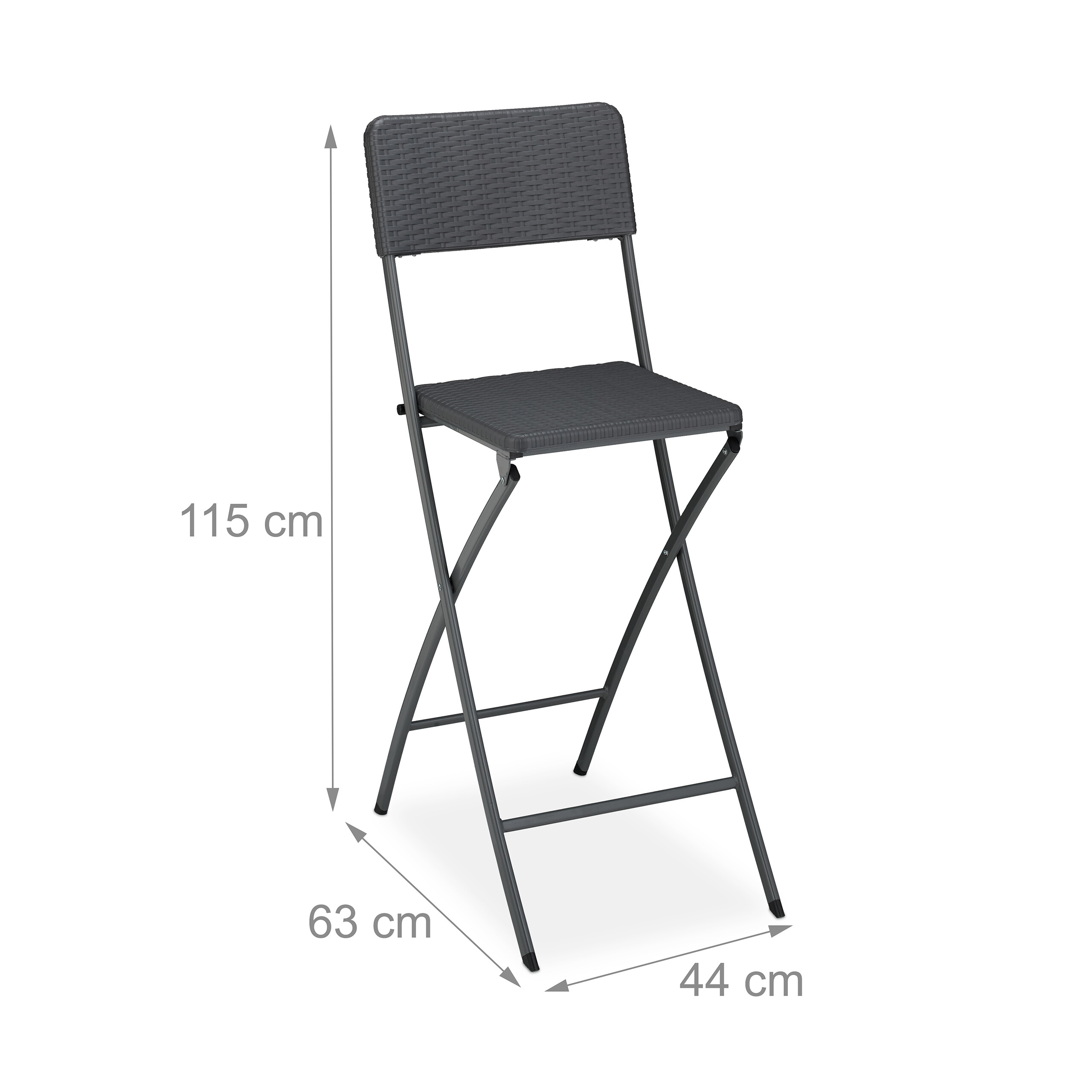 Grauer Klapp-Barhocker mit Maßen 115 cm Höhe, 63 cm Tiefe und 44 cm Breite auf weißem Hintergrund.