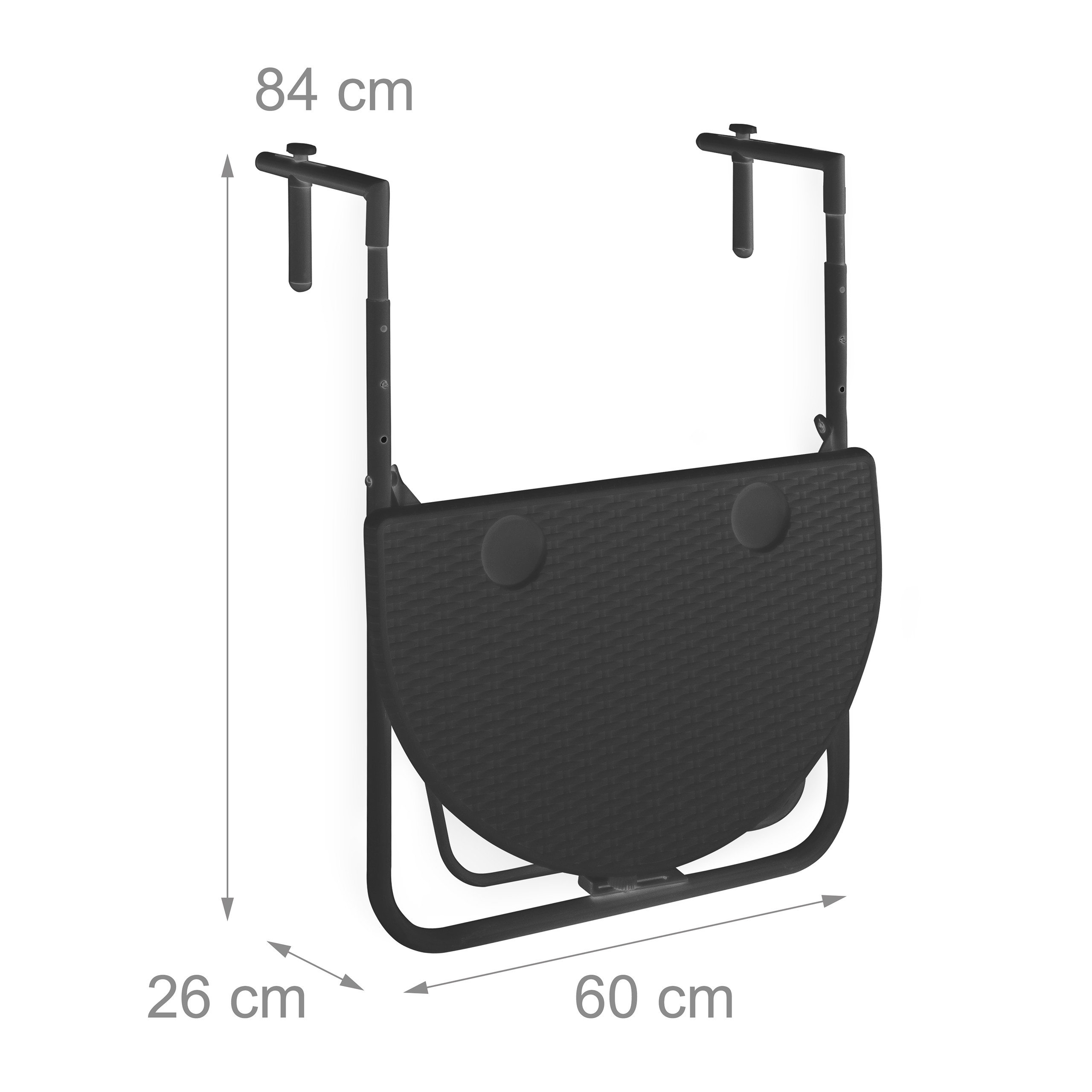 Schwarzer Balkonhängetisch mit Maßen: 84 cm Höhe, 60 cm Breite, 26 cm Tiefe.