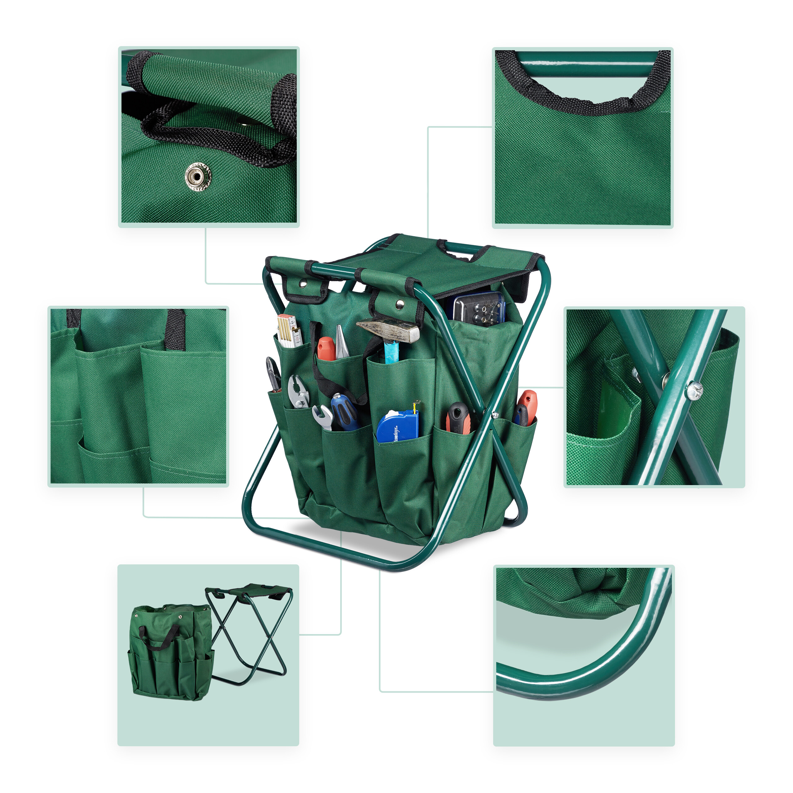 Grüner Gartenhocker mit integrierter Werkzeugtasche und Details.
