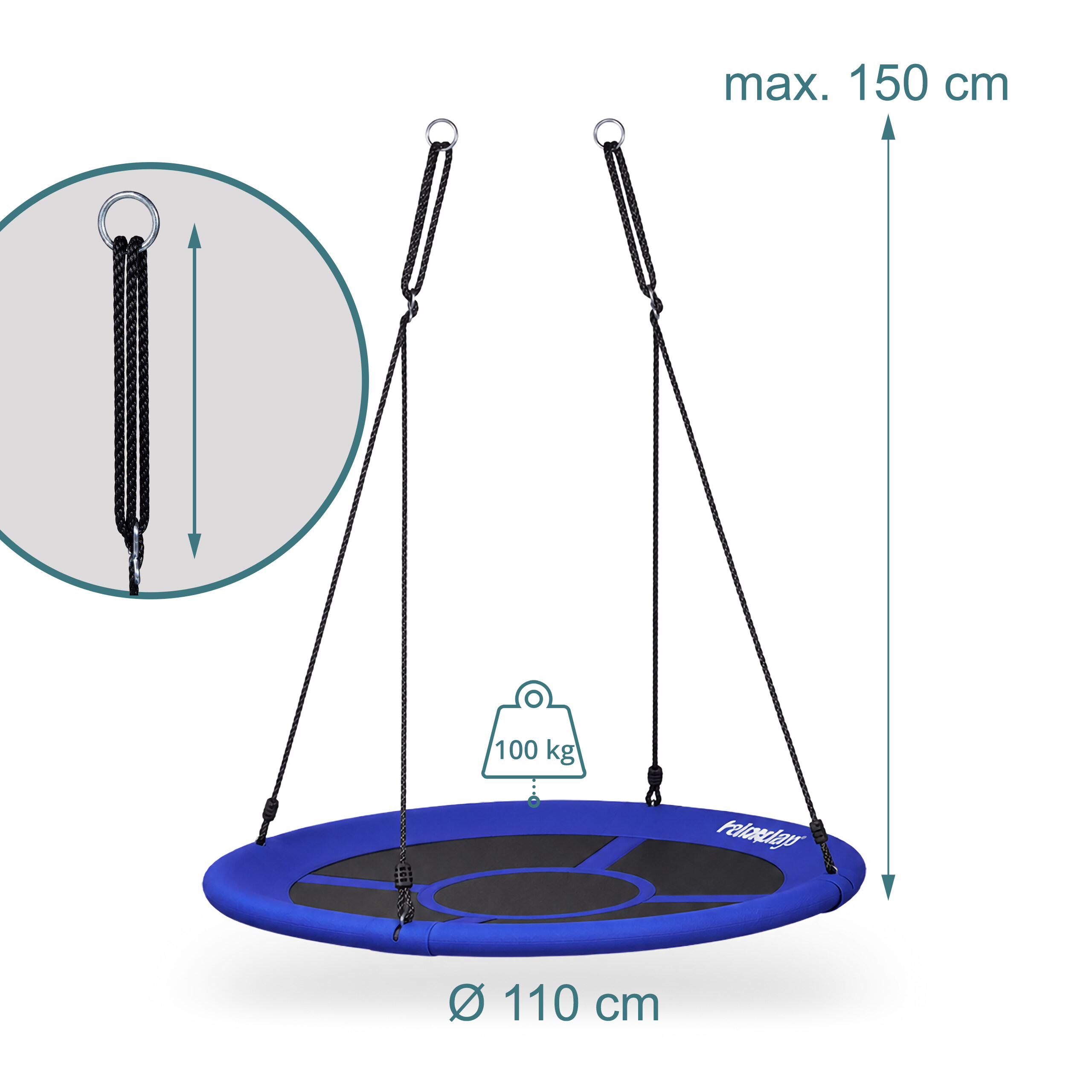 Blaue Nestschaukel mit 110 cm Durchmesser, 100 kg Tragkraft und max. 150 cm Seillänge.