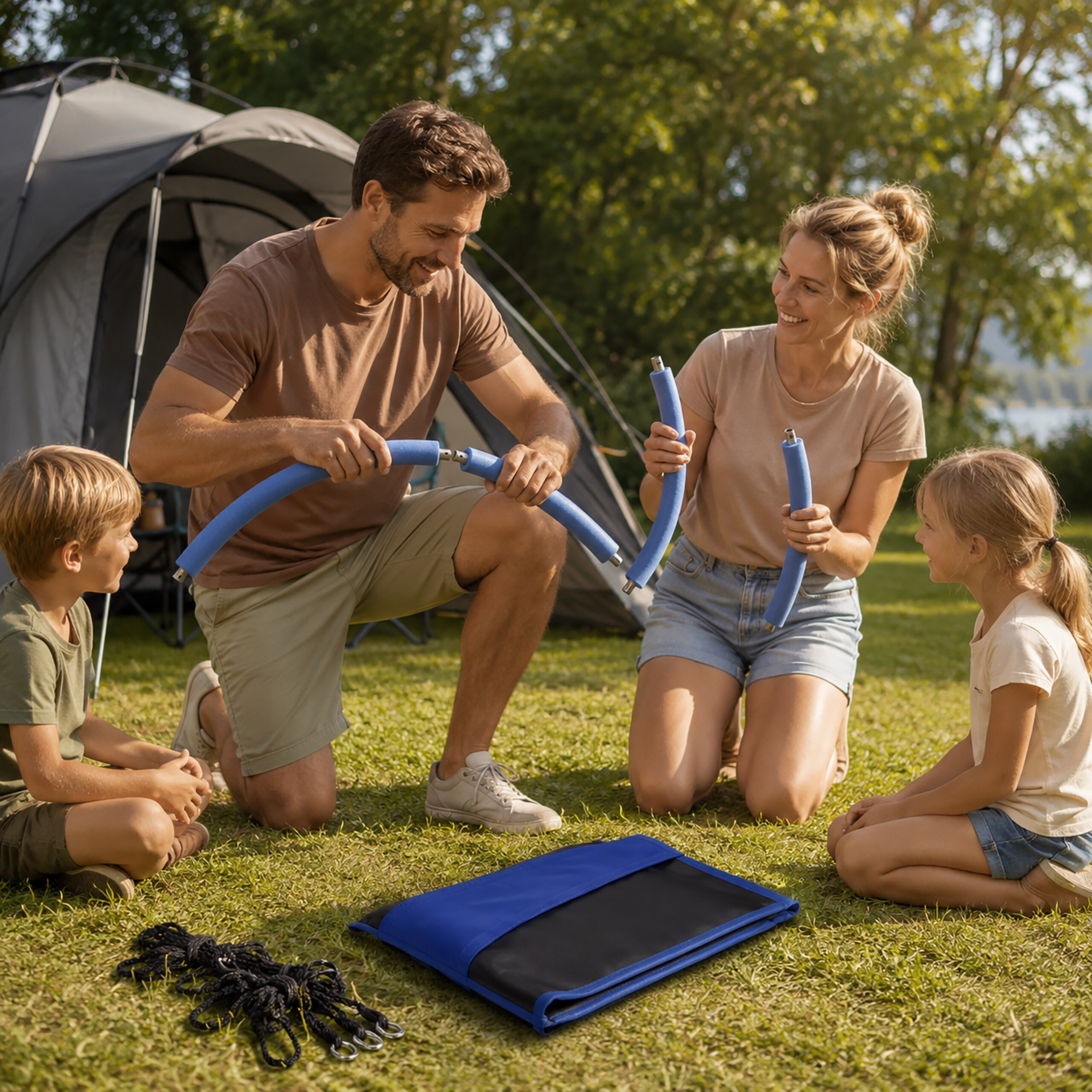 Eine Familie kniet vor einem Zelt im Gras und baut gemeinsam blau-schwarze Stangen zusammen.