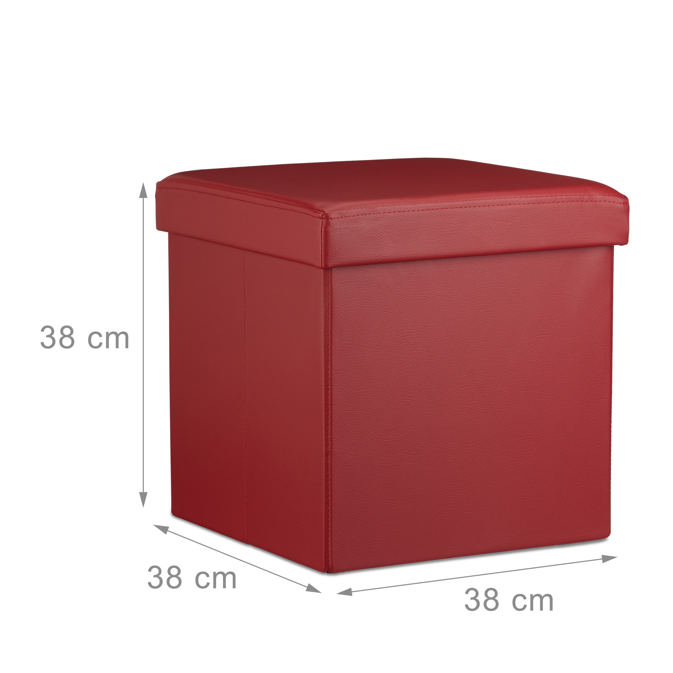 Ein roter quadratischer Aufbewahrungshocker mit Maßen von 38x38x38 cm auf weißem Grund.