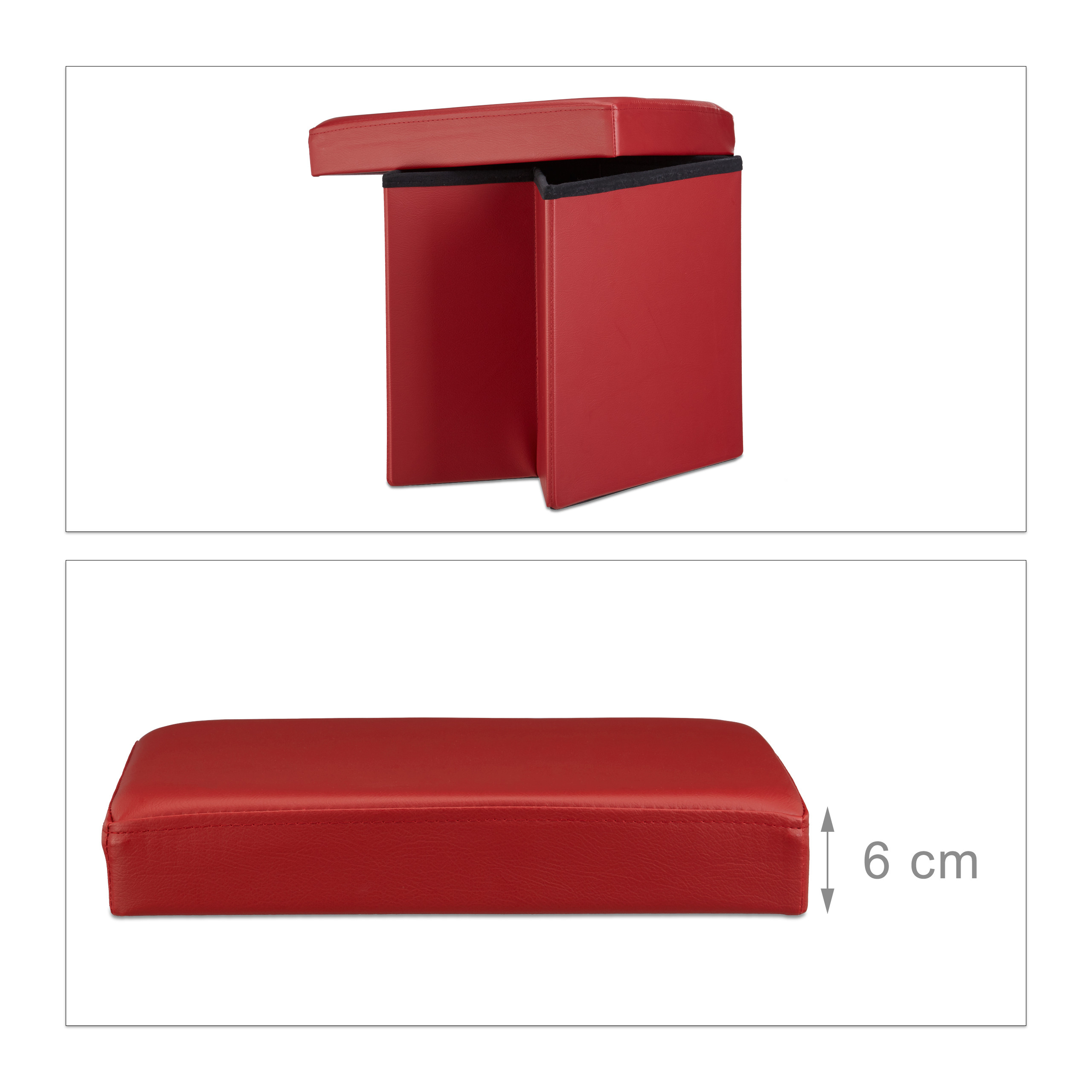 Roter Hocker mit Stauraum, oben gefaltet, unten mit einer Höhe von 6 cm.