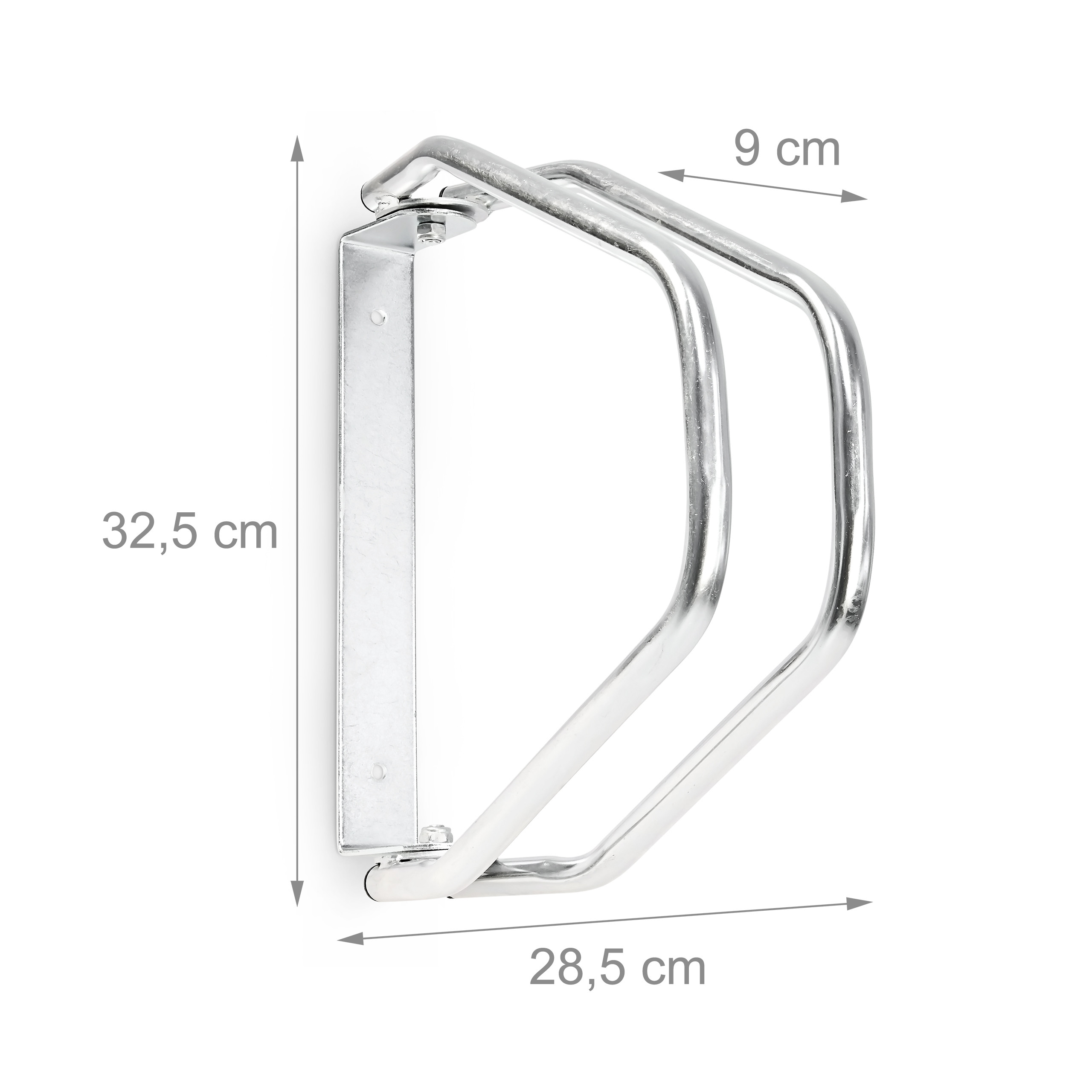 Wandhalterung aus silbernem Metall mit Maßangaben 32,5x28,5x9 cm.