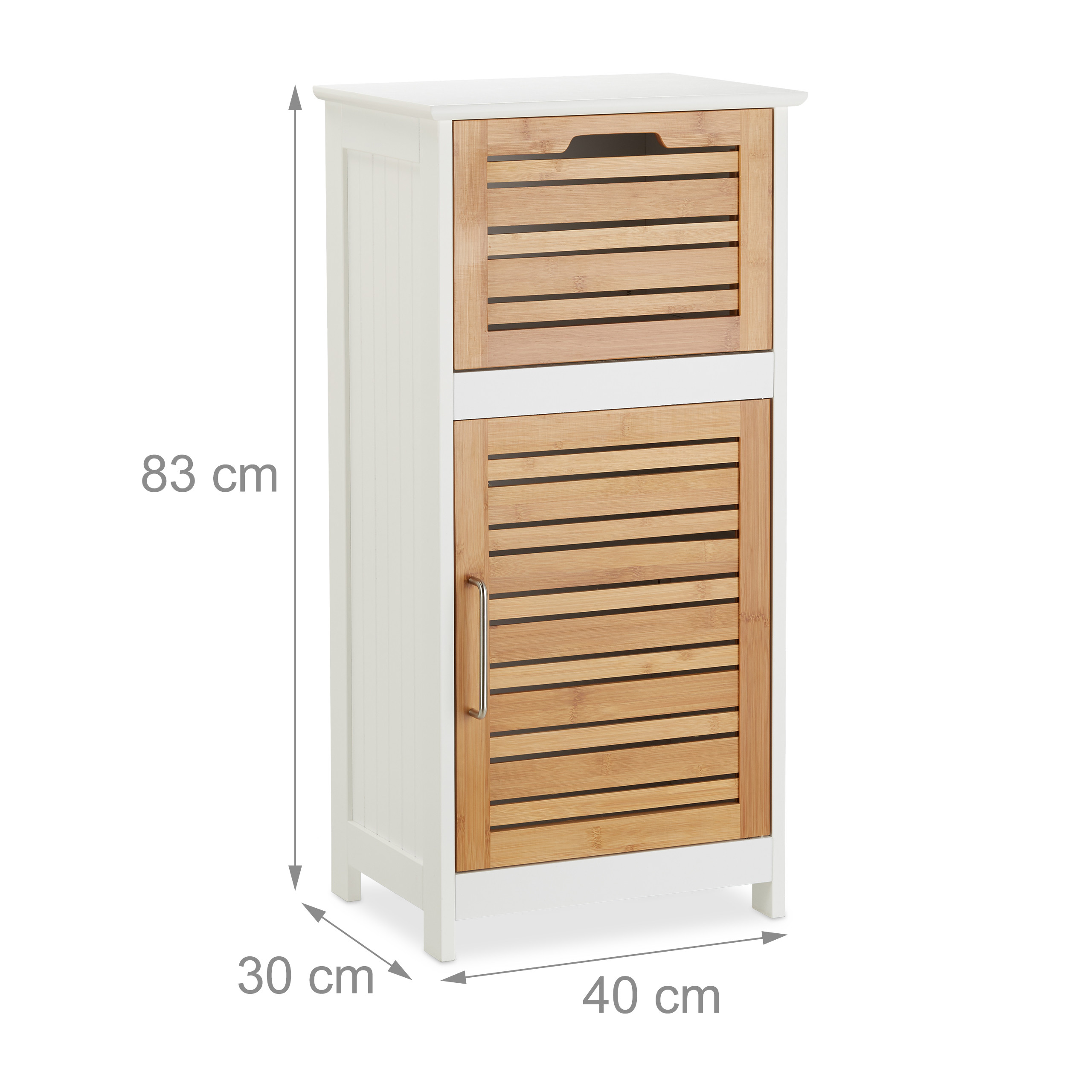Weißer Schrank mit Lamellentüren aus Bambus, Maße 83x40x30 cm.