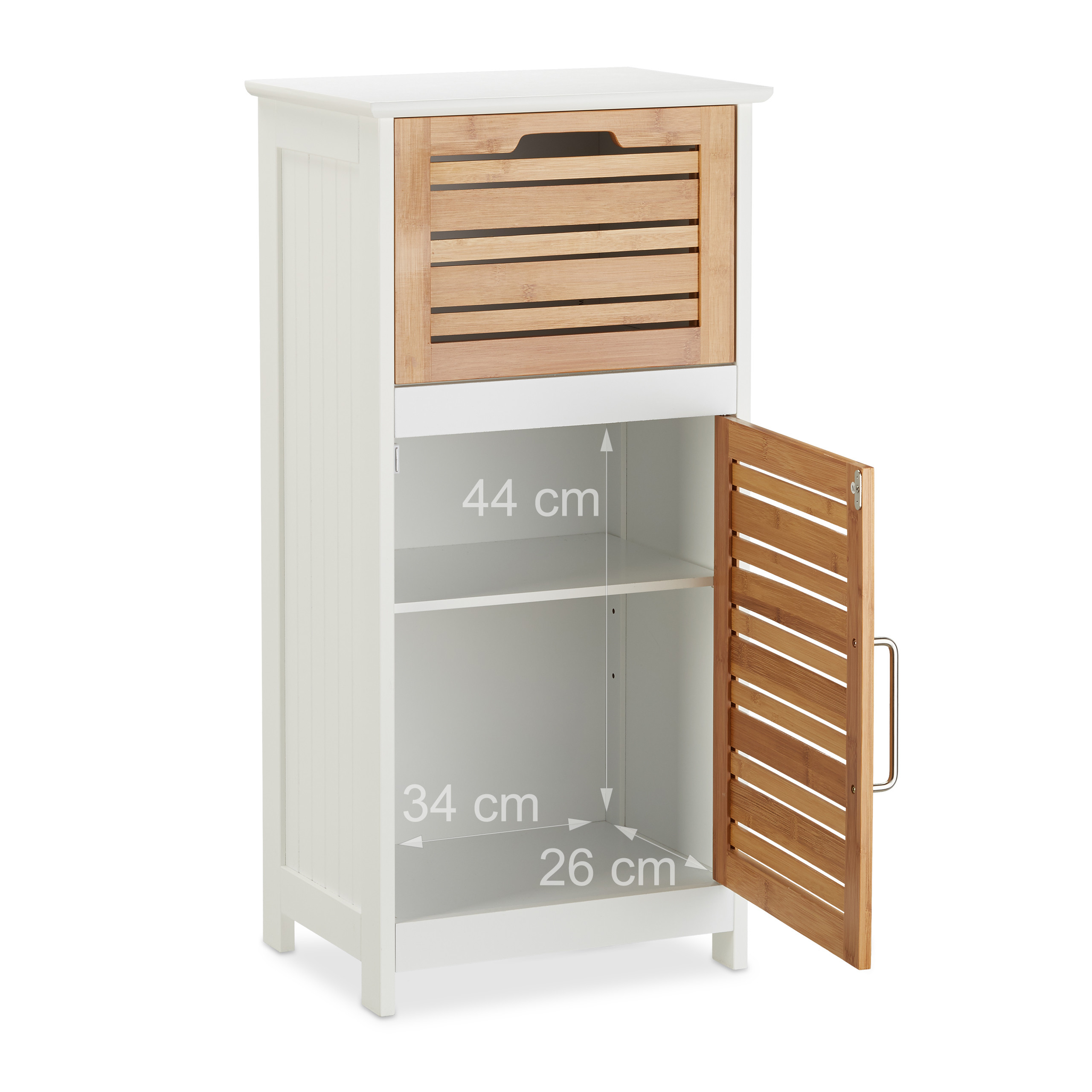 Weißer Schrank mit Lamellen-Holzschublade und geöffneter Tür mit Innenmaßen.