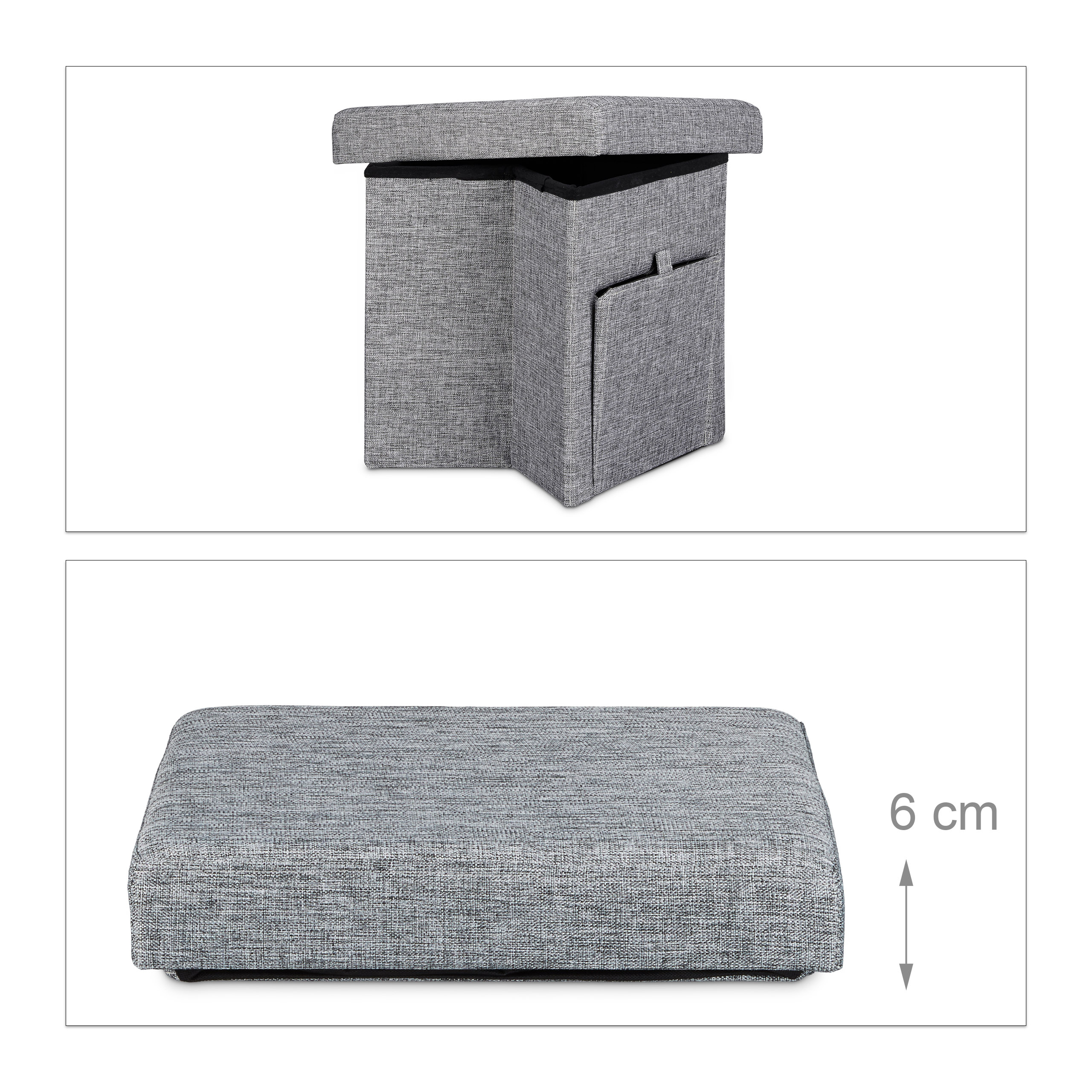 Grauer Stoffhocker mit Stauraum, oben offen und unten flach gefaltet mit Maßen.