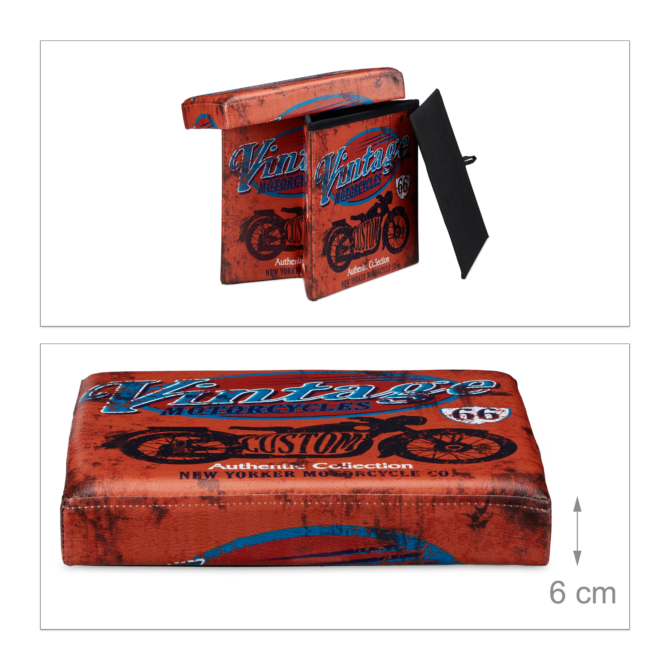 Zwei Abbildungen einer roten, faltbaren Aufbewahrungsbox im Vintage-Motorrad-Design mit Maßen.
