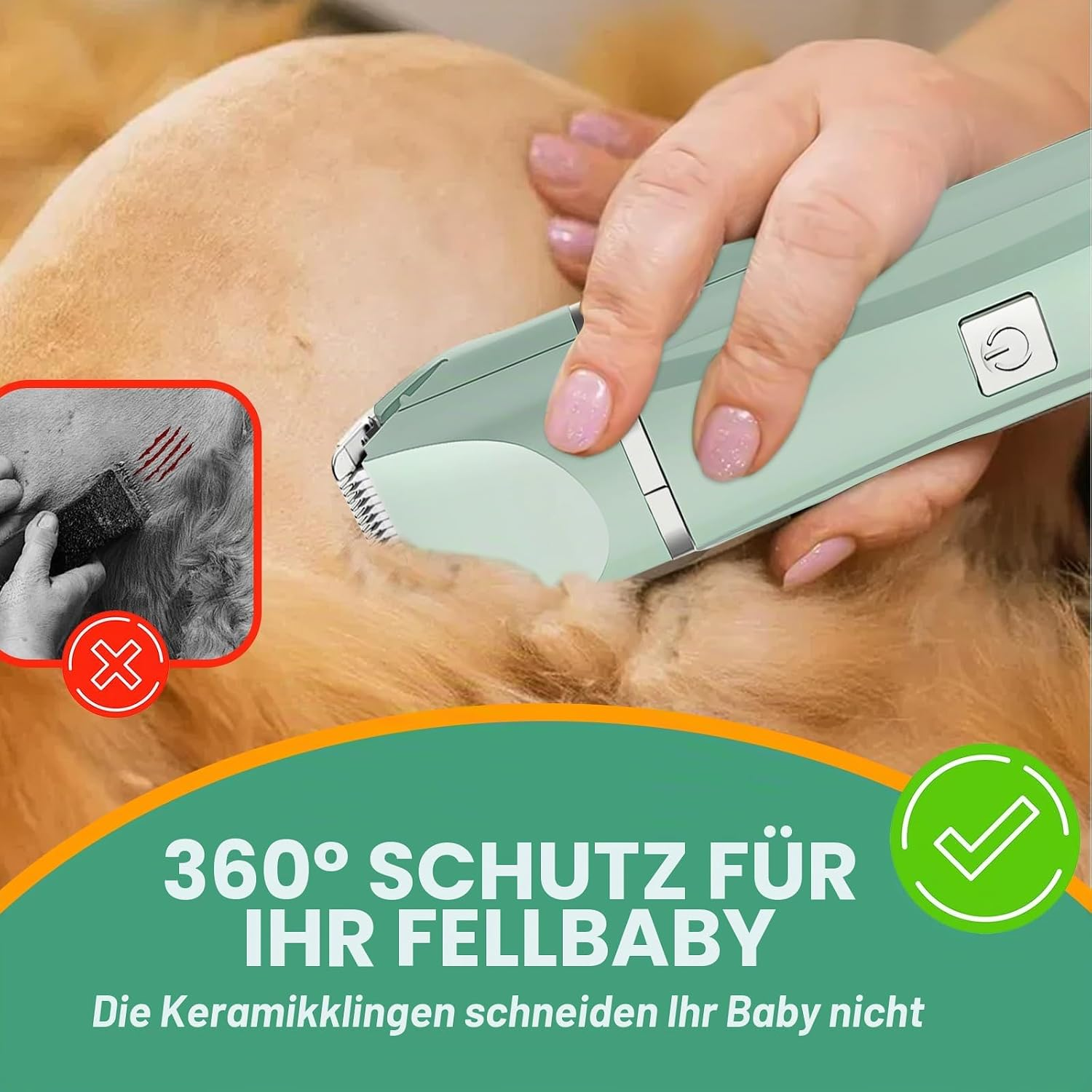 Eine Hand hält einen mintgrünen Haarschneider, der das Fell eines Hundes rasiert. Text unten.