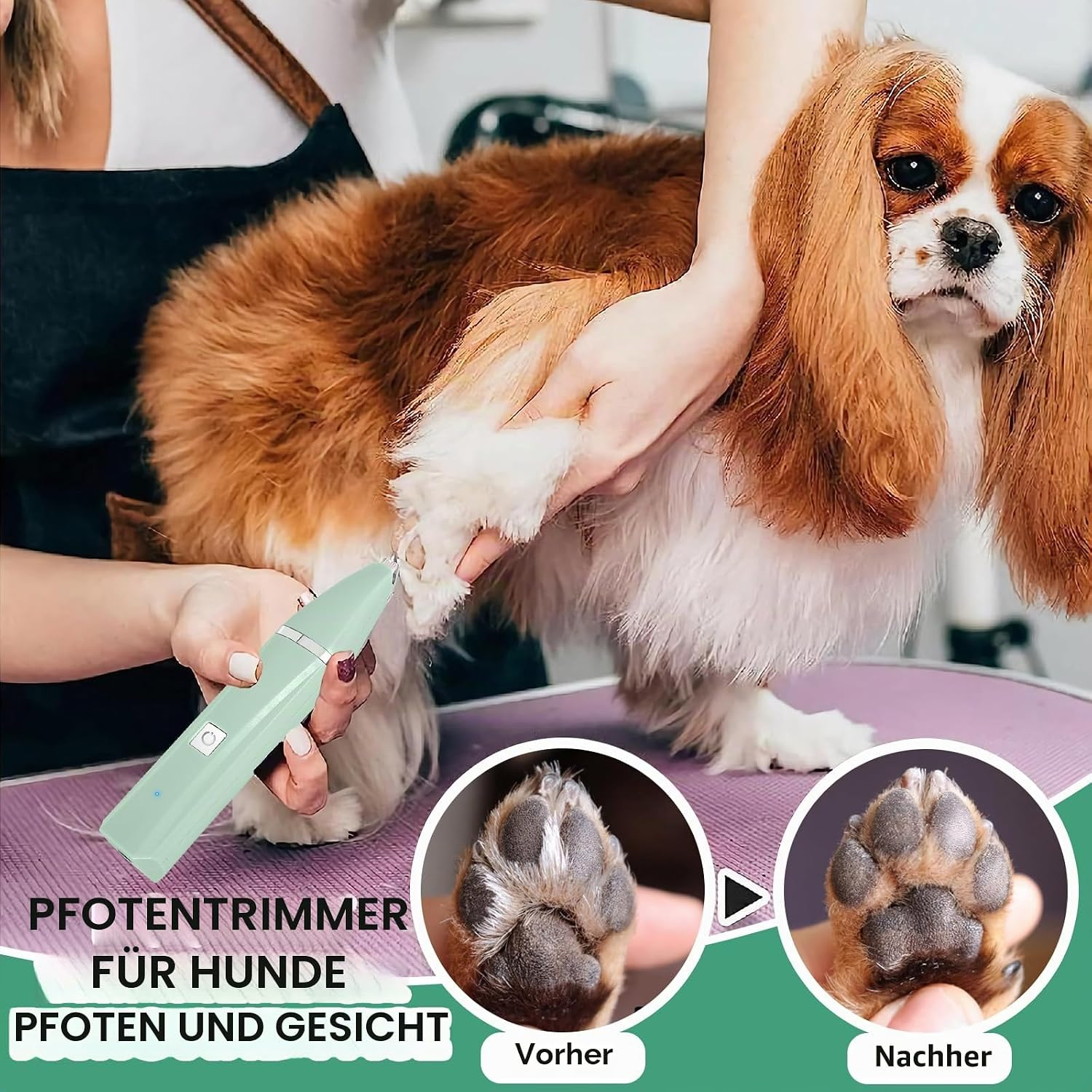 Pfotentrimmer für Hunde wird benutzt, um Pfotenhaare zu kürzen. Vorher-Nachher-Vergleich der Pfote.
