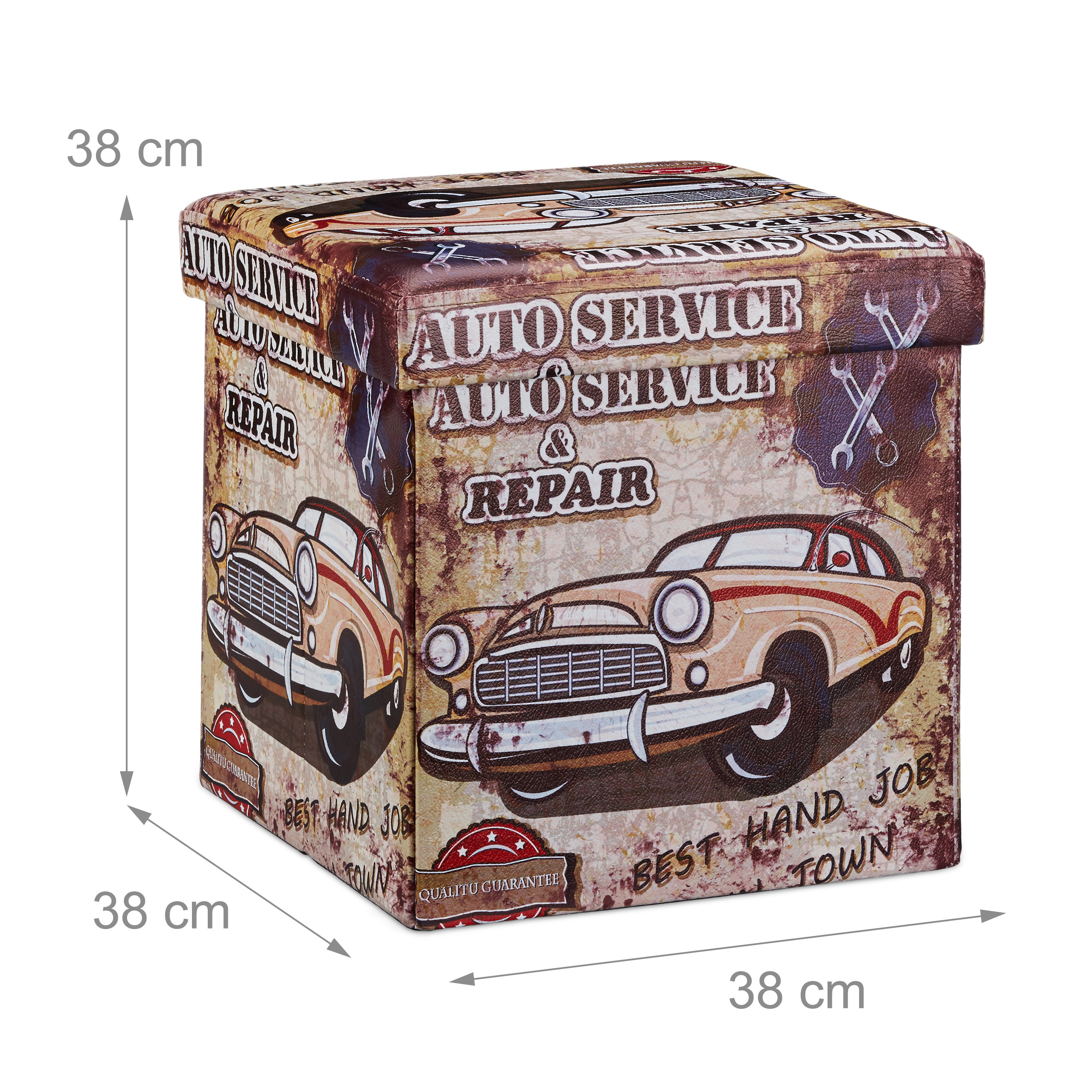 Vintage Autoreparatur Aufbewahrungsbox, quadratisch, 38x38x38 cm, mit Oldtimer-Motiven und Werkzeugen auf beigem Grund.
