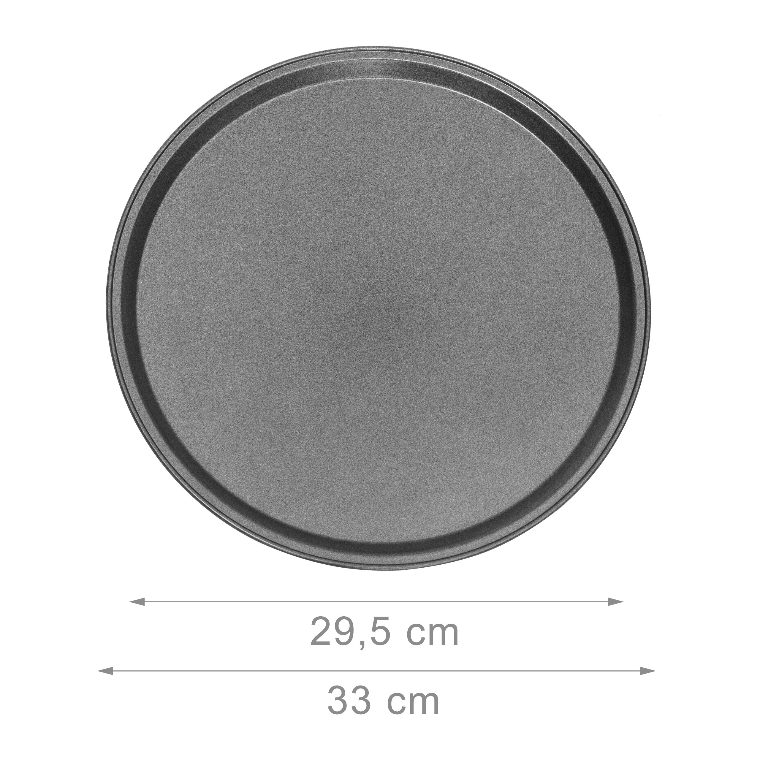 Runde, graue Backform mit 29,5 cm innerem und 33 cm äußerem Durchmesser.