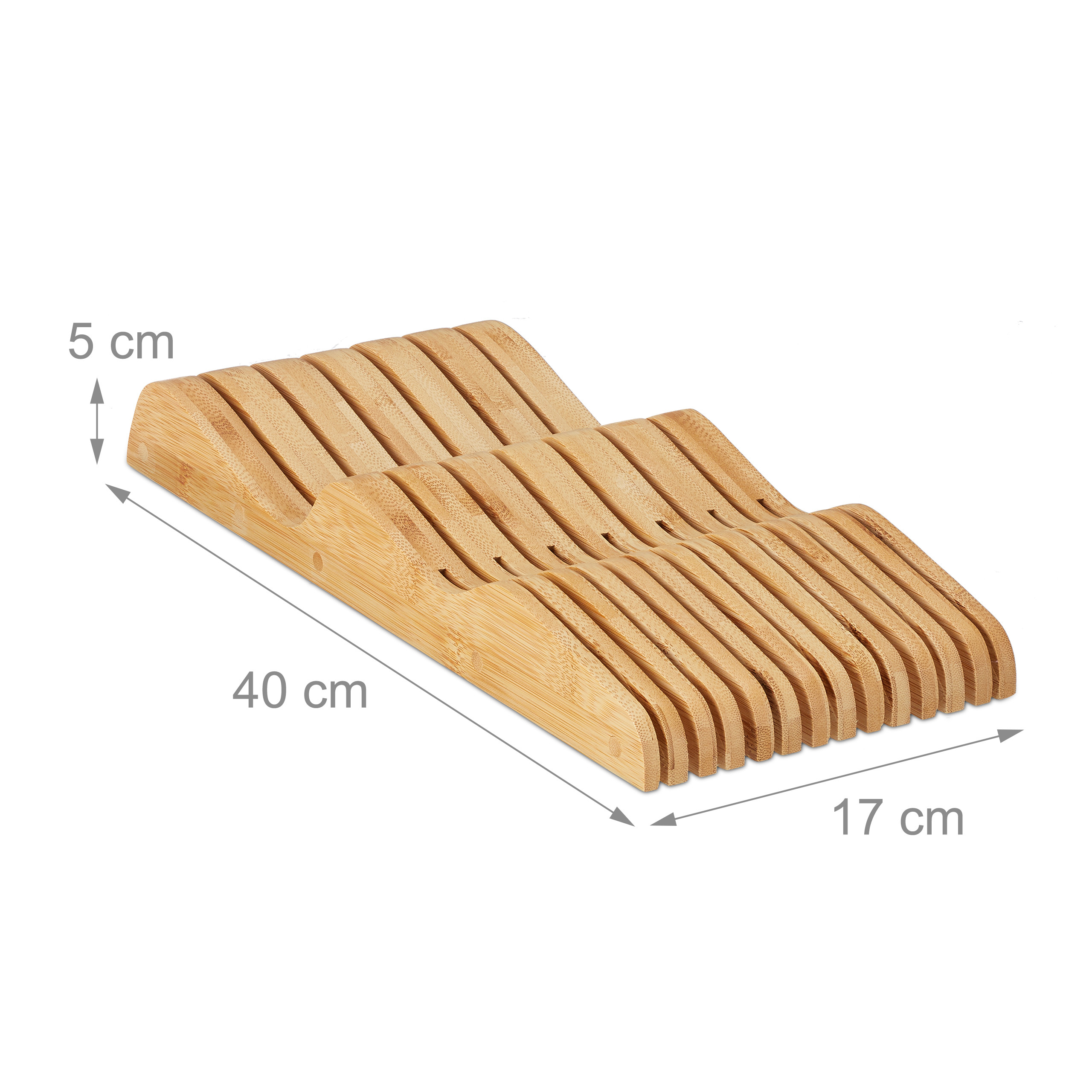 Ein abgestufter Holz-Messerblock mit den Maßen 40 cm Länge, 17 cm Breite und 5 cm Höhe auf weißem Hintergrund.