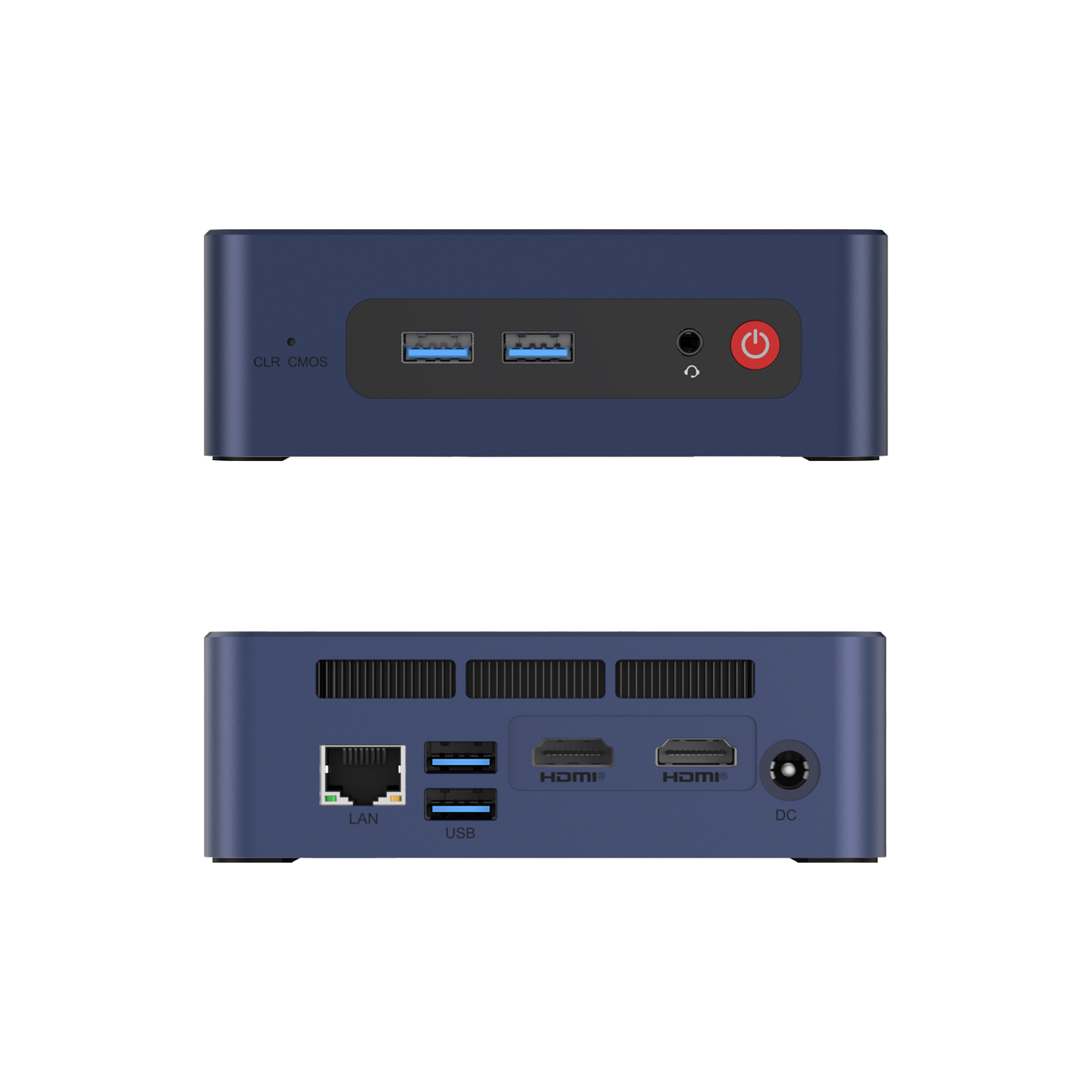 Voor- en achterkant van een blauwe mini-pc met USB-poorten, audio-aansluiting, aan/uit-knop, LAN en HDMI.