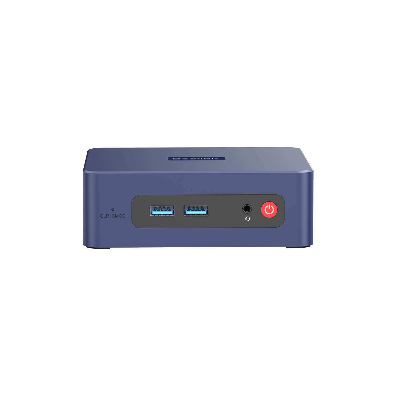 Blauwe Beelink mini PC vooraanzicht met twee USB-poorten, koptelefoonaansluiting en rode aan/uit-knop.