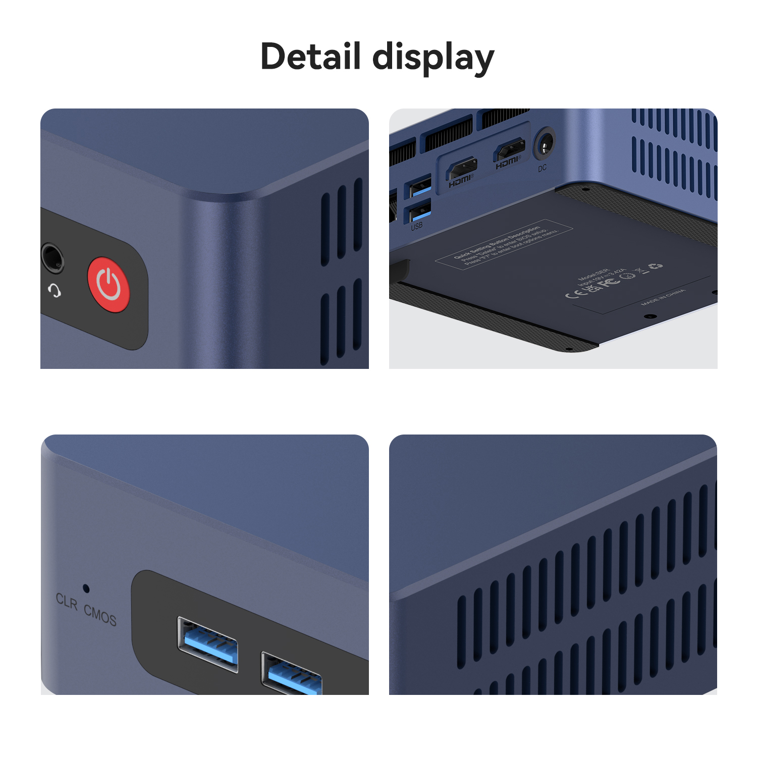 Gedetailleerde weergaven van een blauwe mini-pc met aan/uit-knop, poorten en ventilatiesleuven.