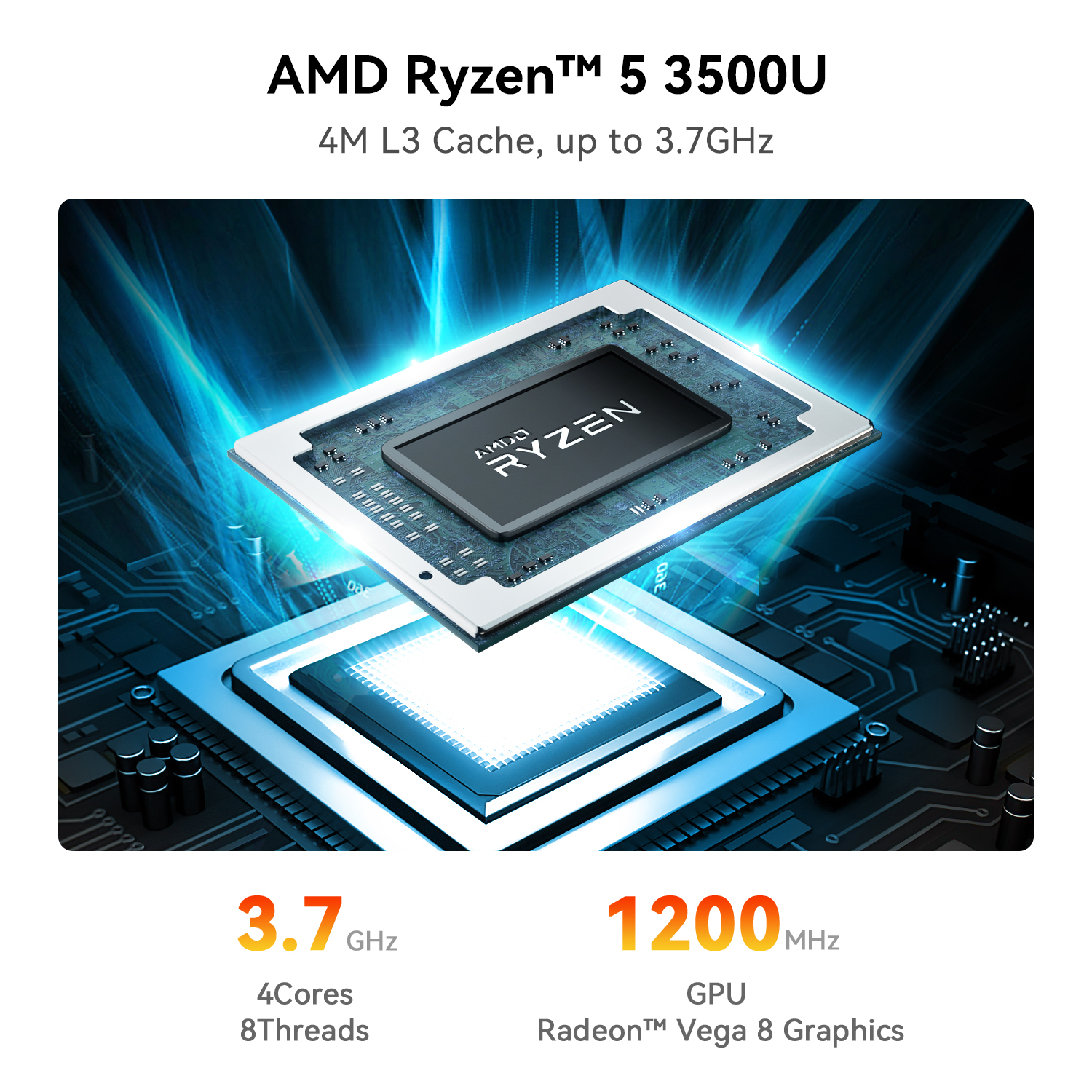 AMD Ryzen 5 3500U processor met 3,7 GHz en Radeon Vega 8 graphics op een printplaat.