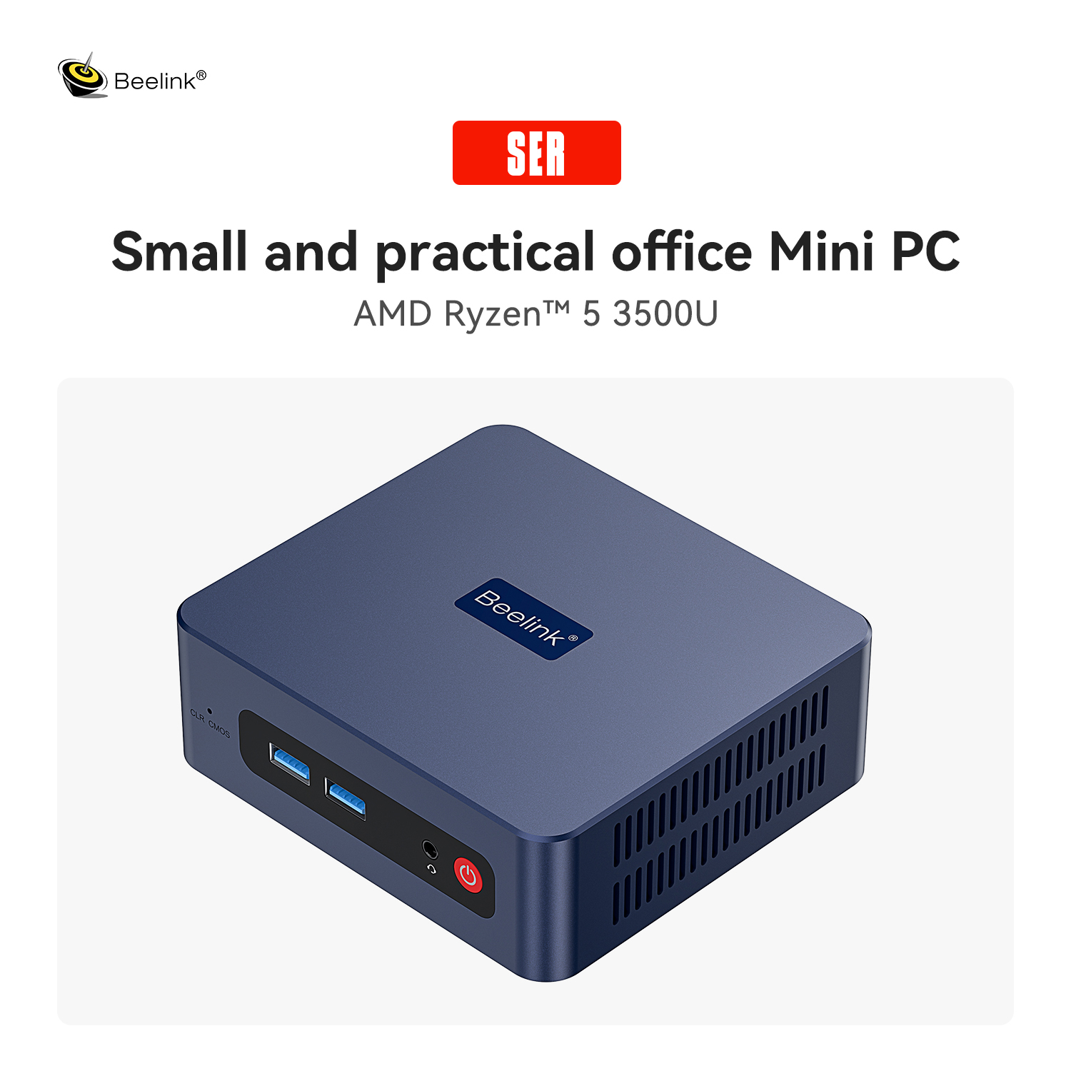 Een blauwe Beelink Mini PC met USB-poorten, audio-aansluiting en aan/uit-knop.