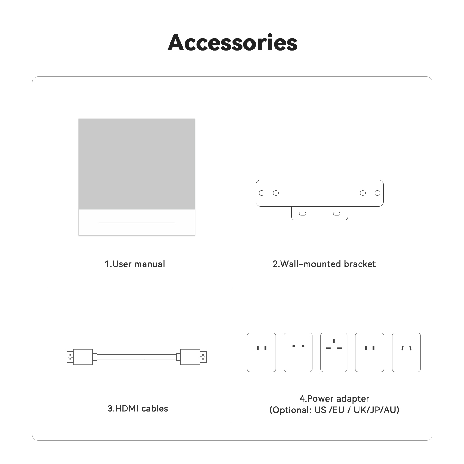 Diagram met accessoires: handleiding, wandbeugel, HDMI-kabels en optionele voedingsadapters.