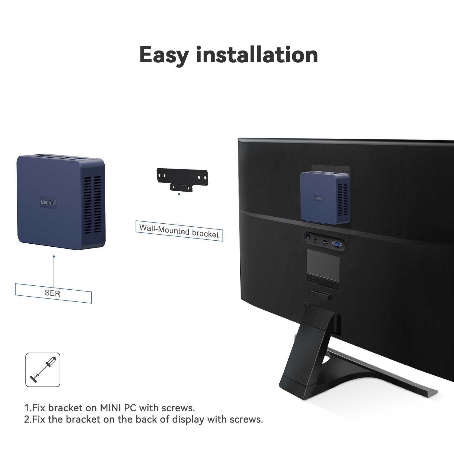 Diagram met eenvoudige installatie van een blauwe mini-pc gemonteerd op de achterkant van een monitor.