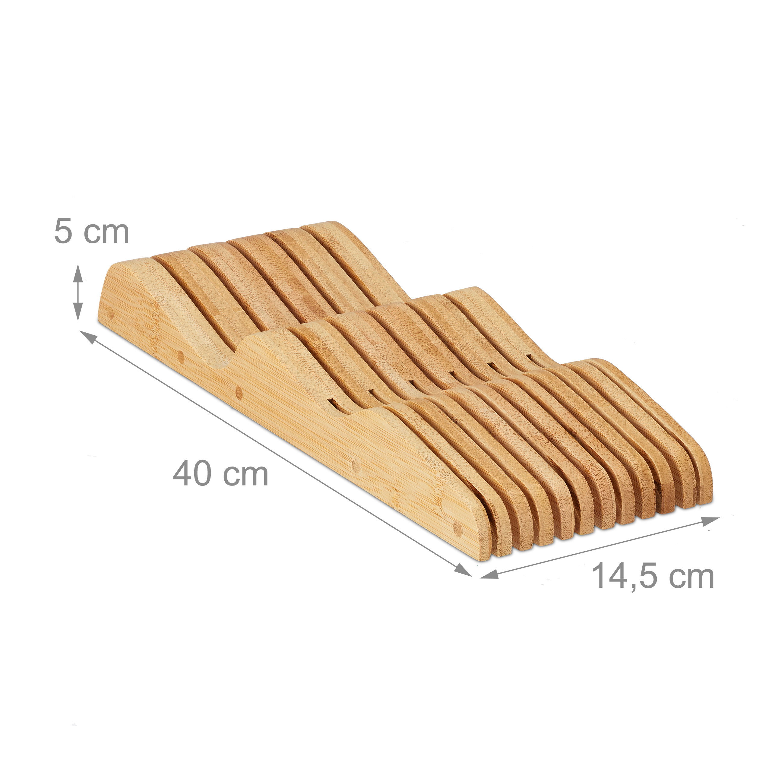 Bambus-Messerblock mit Maßangaben: 40 cm Länge, 14,5 cm Breite, 5 cm Höhe.