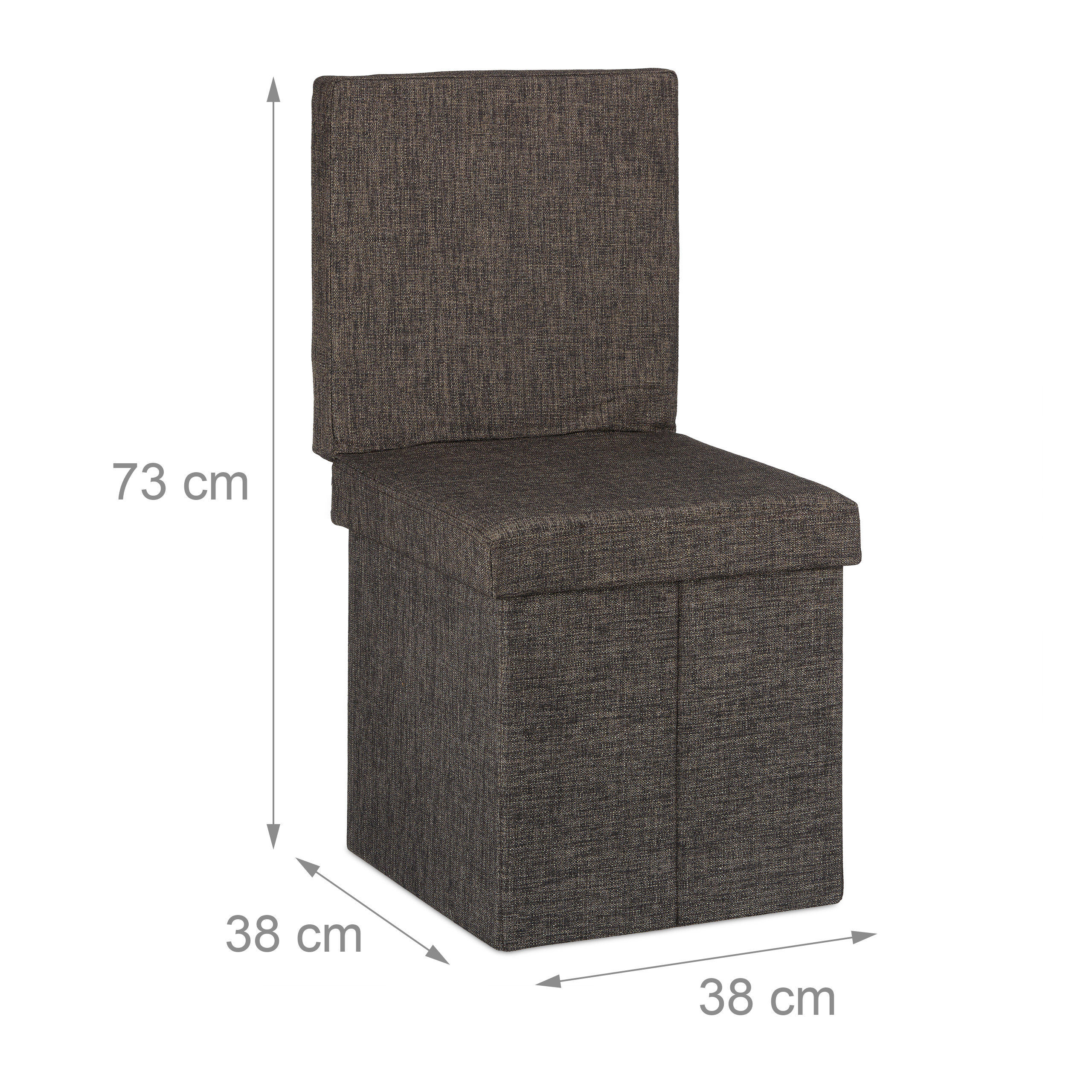 Dunkelbrauner Polsterhocker mit Lehne und Maßen 73x38x38 cm auf weißem Hintergrund.