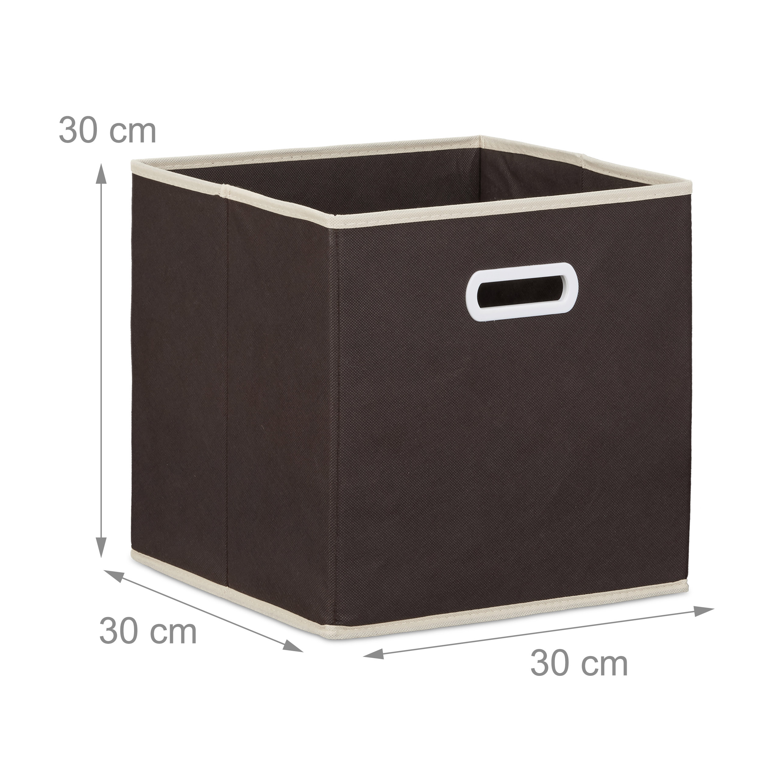 Quadratische, dunkelbraune Aufbewahrungsbox mit beigem Rand und weißem Griff, mit 30 cm Maßen auf weißem Hintergrund.