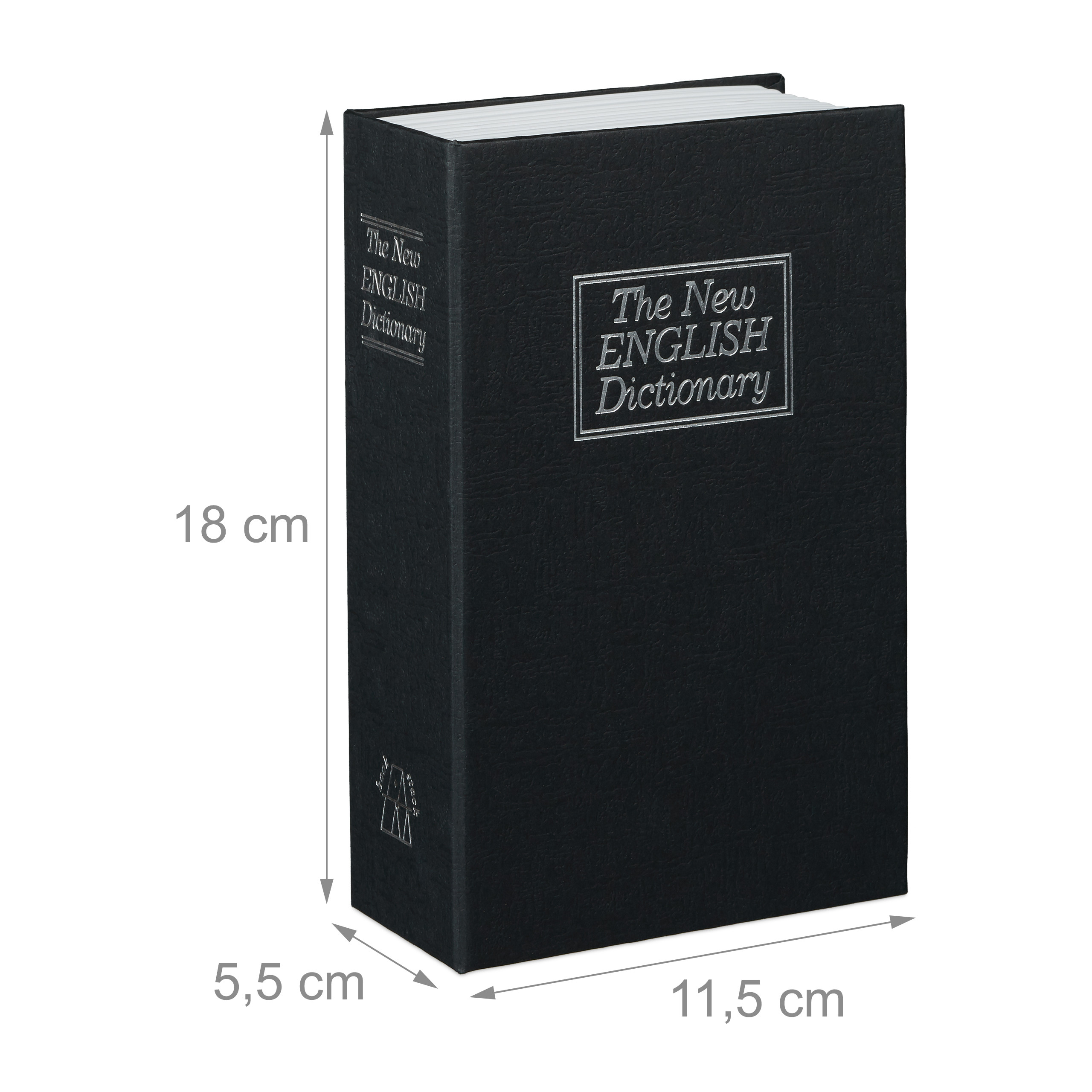 Ein schwarzes Englisches Wörterbuch mit Maßen von 18 cm Höhe, 11,5 cm Breite und 5,5 cm Tiefe auf weißem Hintergrund.