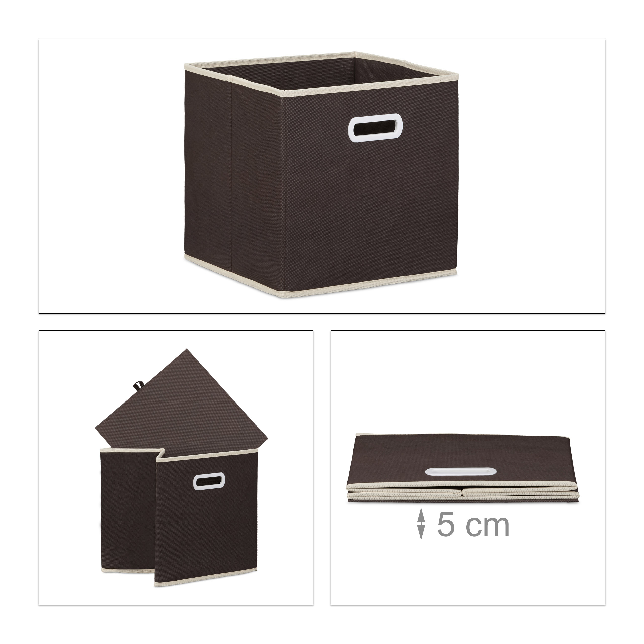 Braune Faltbox mit weißem Griff, gezeigt in offenem, halb zusammengeklapptem und flach gefaltetem Zustand (5 cm).