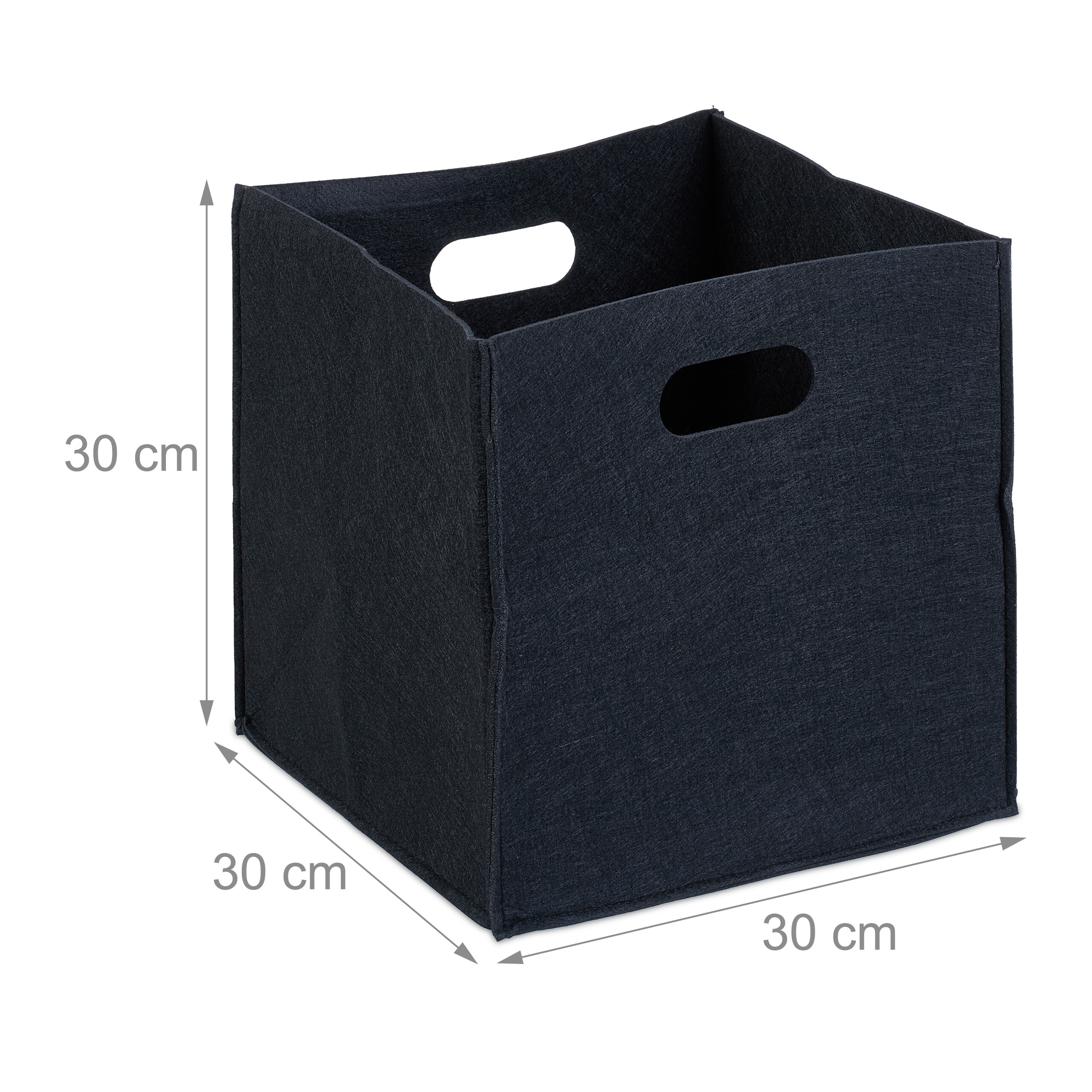 Eine schwarze Filz-Aufbewahrungsbox, 30x30x30 cm groß, mit Griffen.