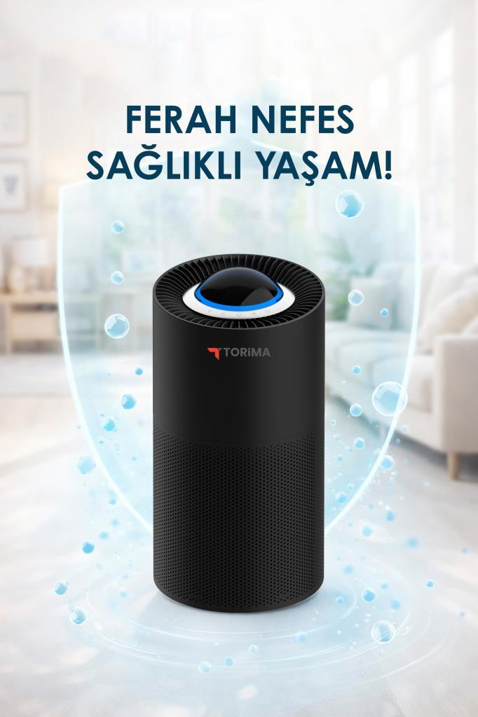 Siyah Torima hava temizleyici, mavi baloncuk ve koruyucu kalkan grafikleriyle oturma odasında duruyor.