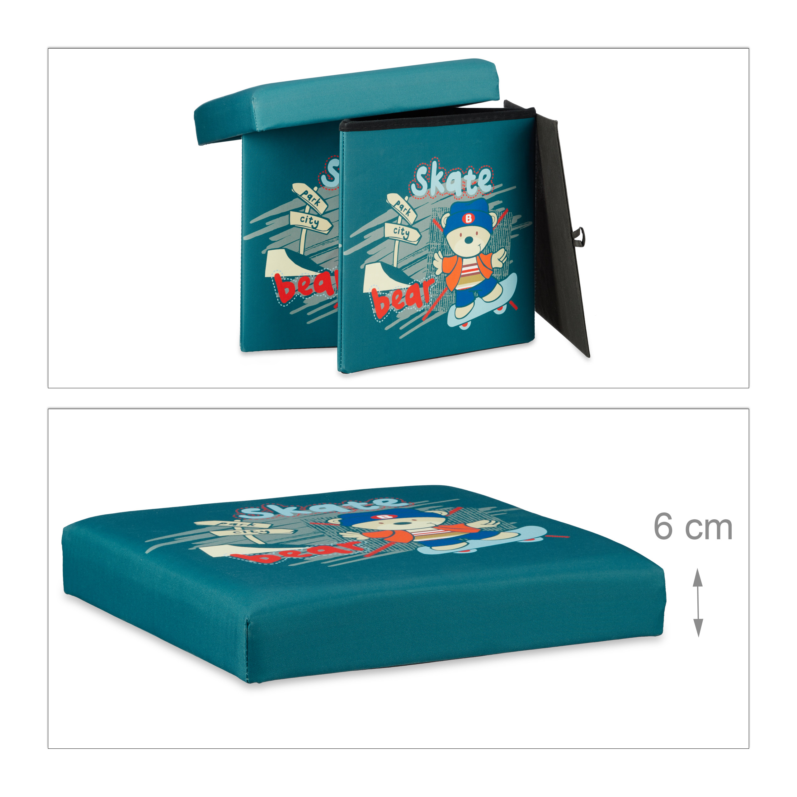 Türkisblauer Kinder-Falthocker mit Skate-Bär-Motiv und 6 cm dickem Sitzpolster.